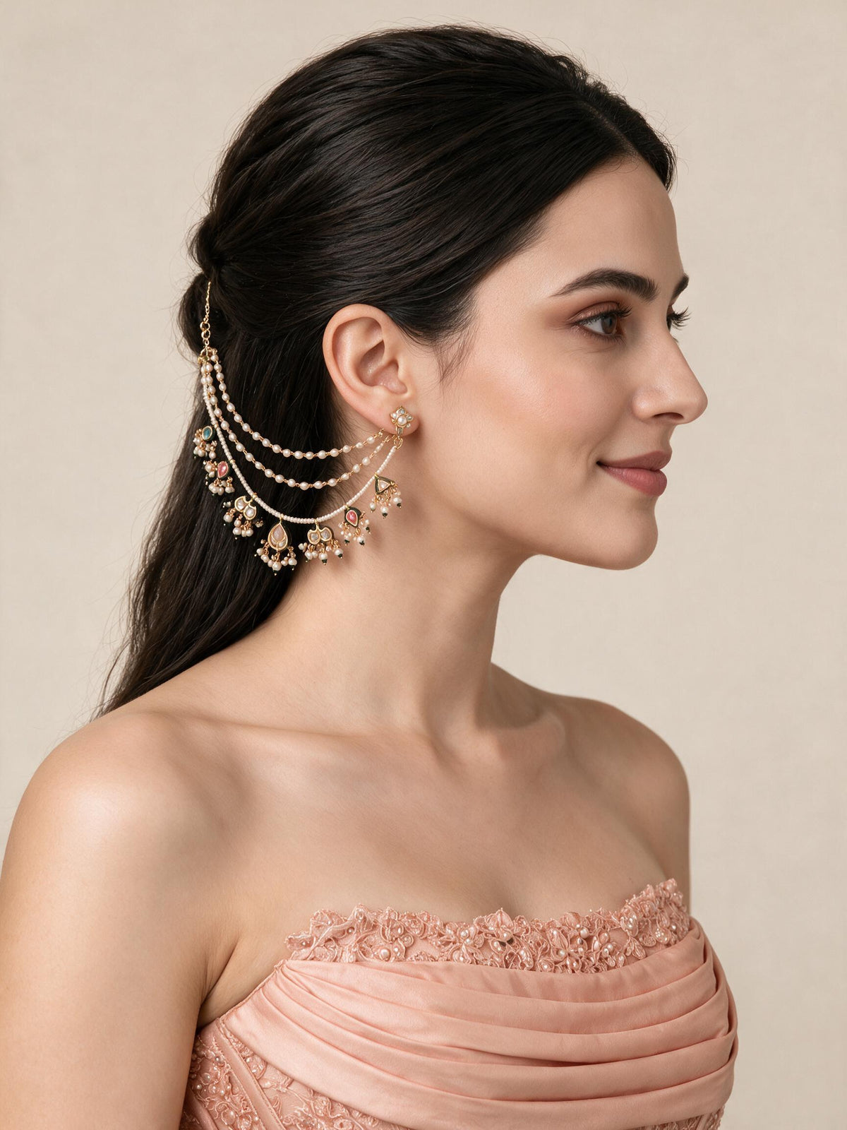 Kundan Pearl Drop Ear Chain