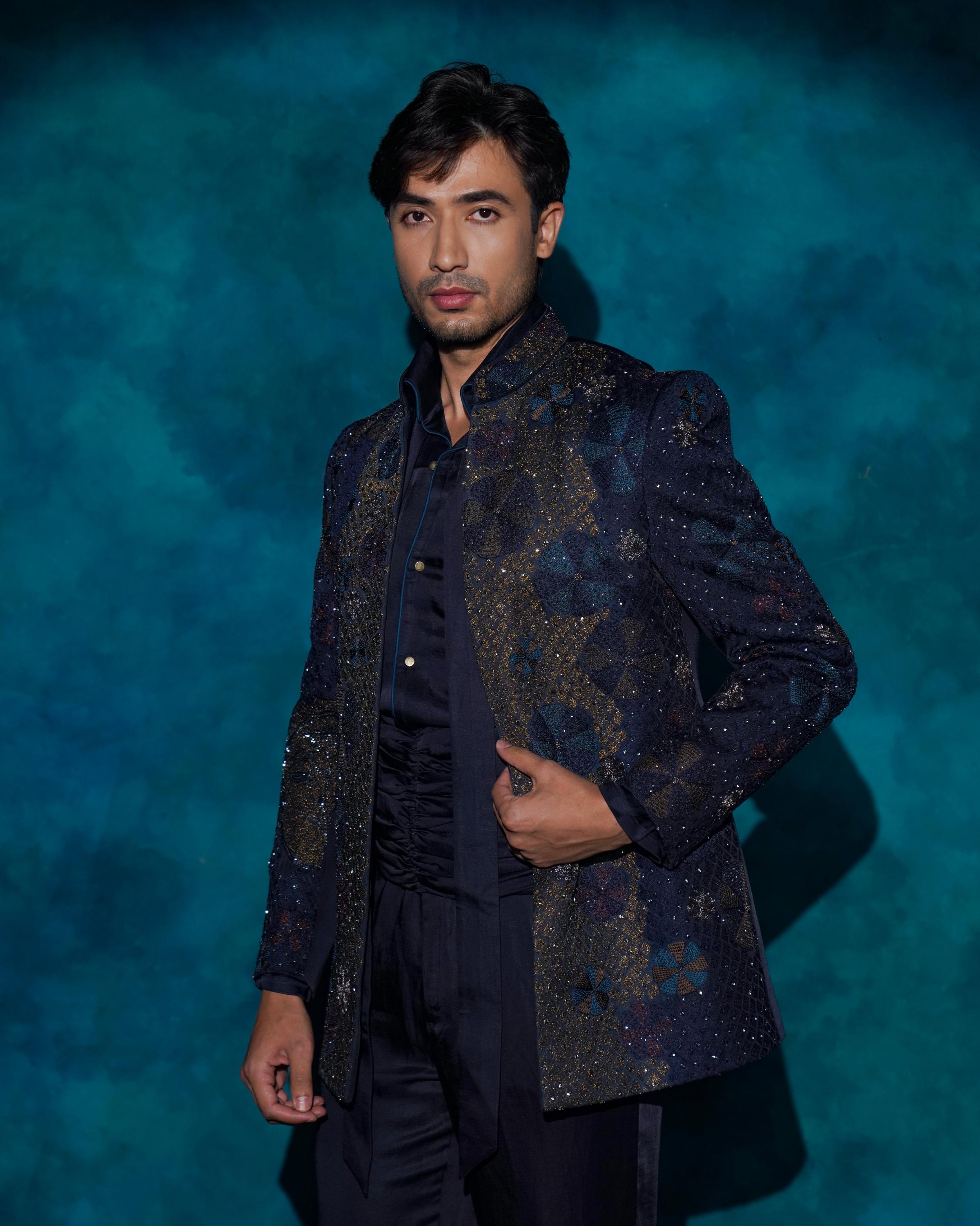 Midnight Blue Hand embroidered short jacket set