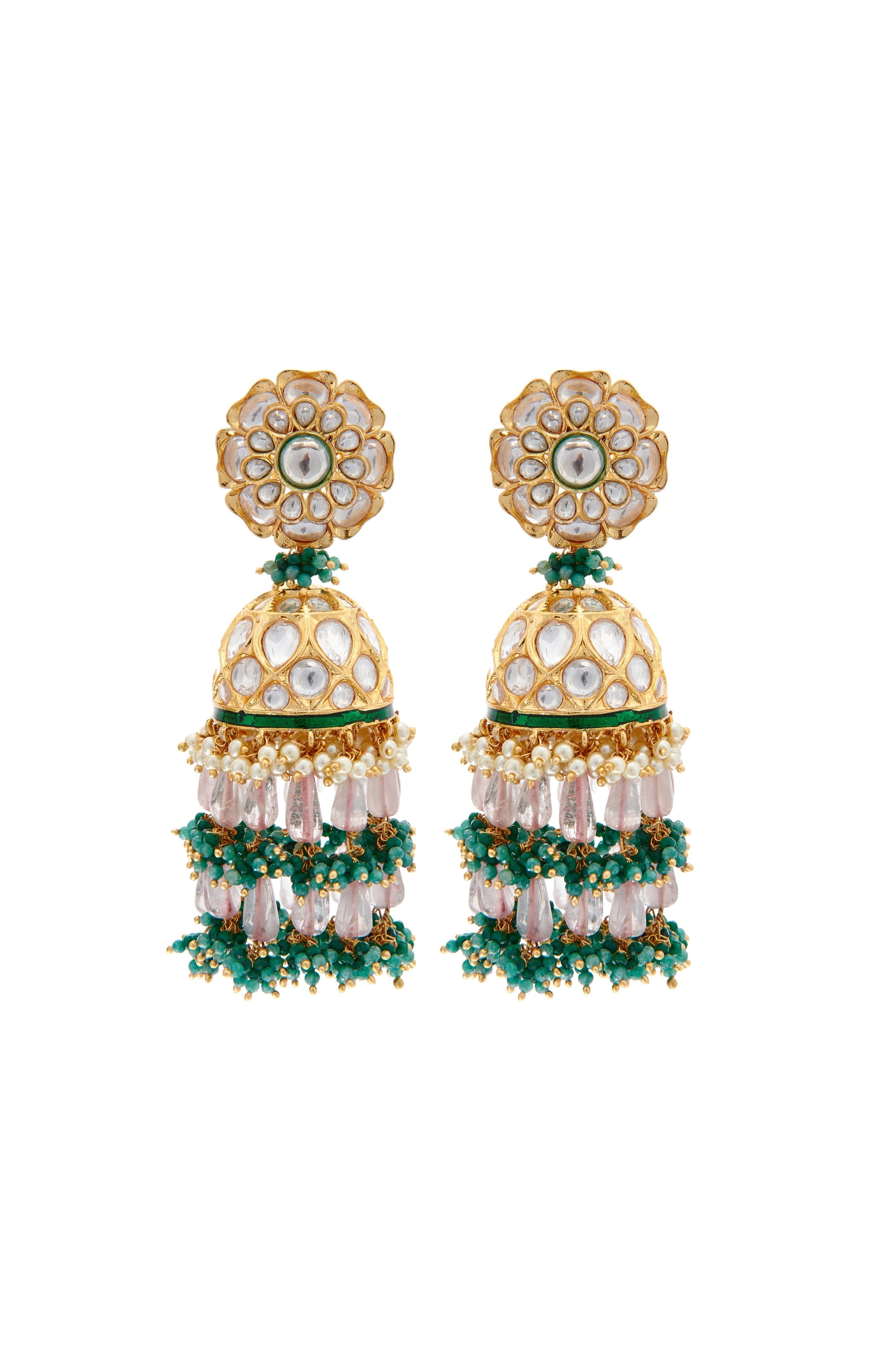 Pink, Green and Gold Kundan Jhumkas