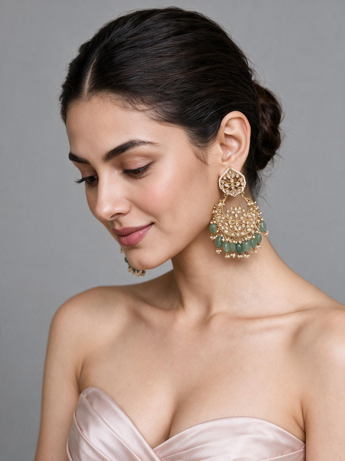 Sage green Bead Gold-Tone Chandbali Earrings 44