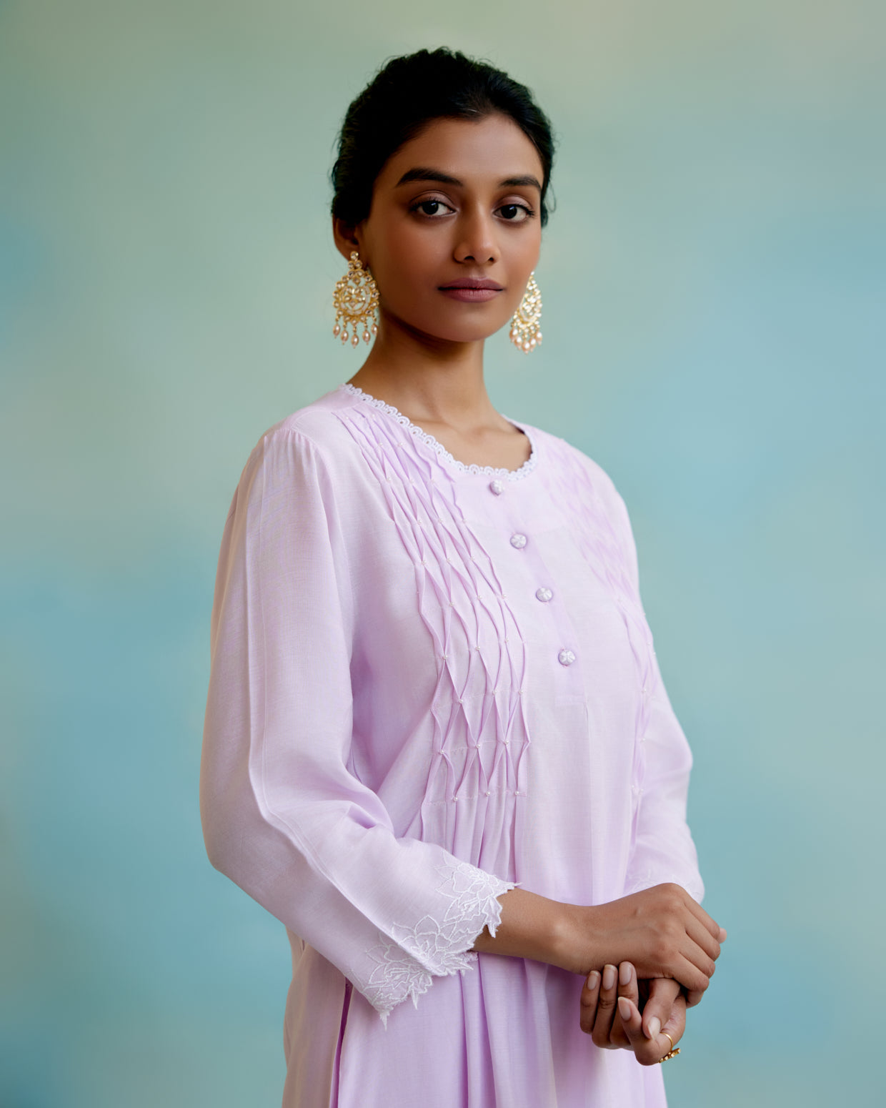Lilac Pearl Kurta in Silky Modal with Beaded Smocking and Delicate Lace Detaling