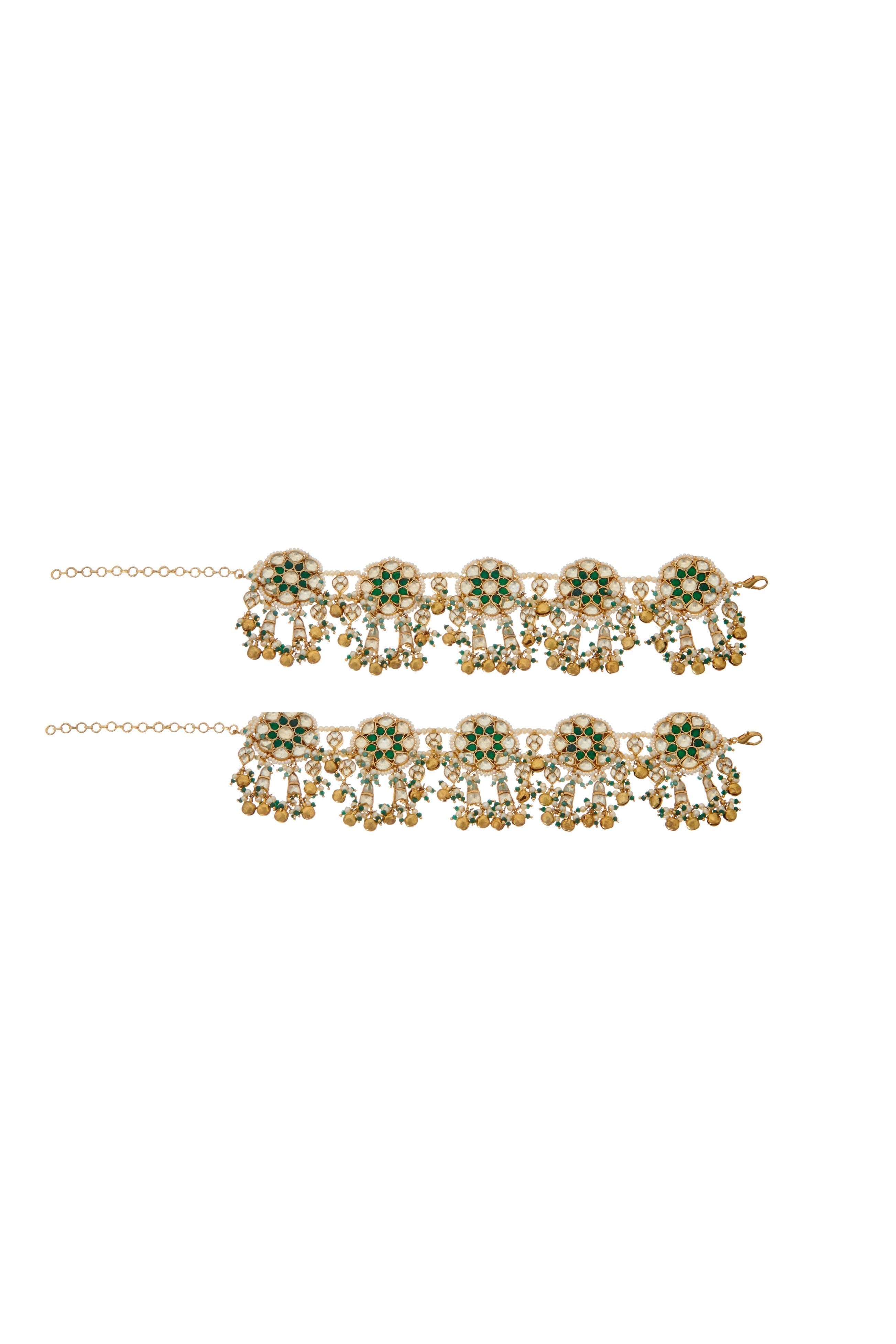 Green and White Kundan Anklets