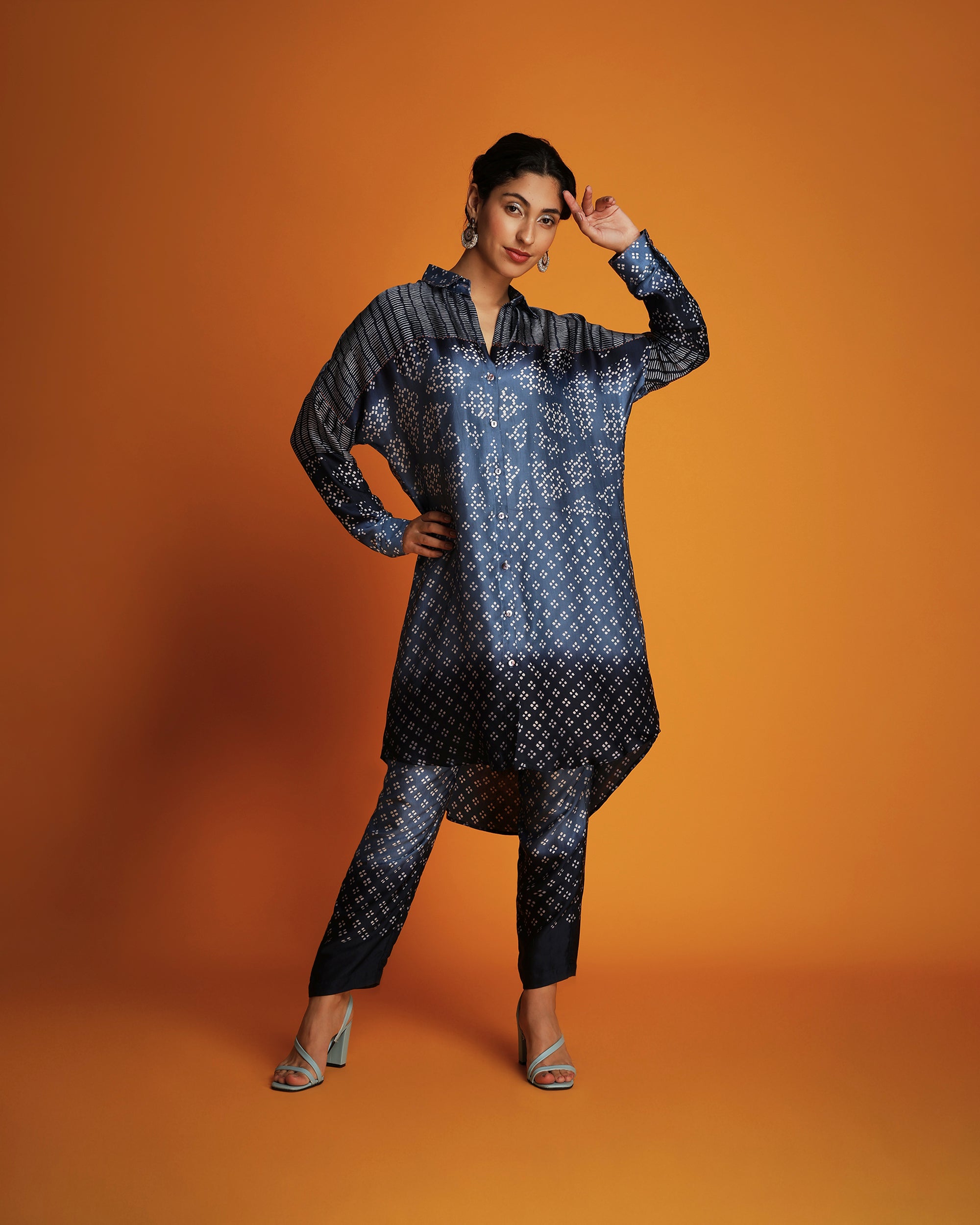 Indigo ombre block printed shirt tunic set