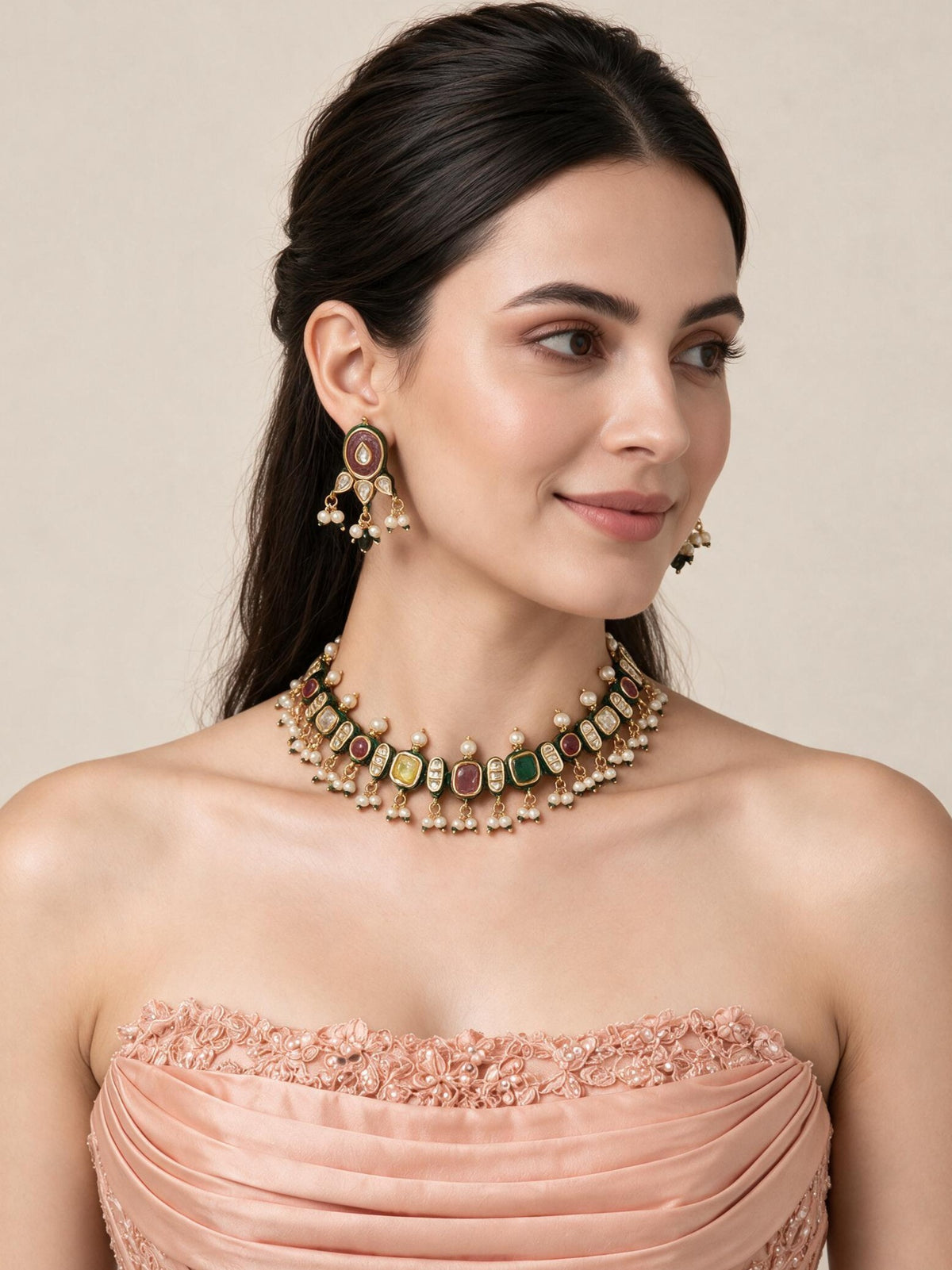 Navratna Kundan Pearl Necklace Earring Set