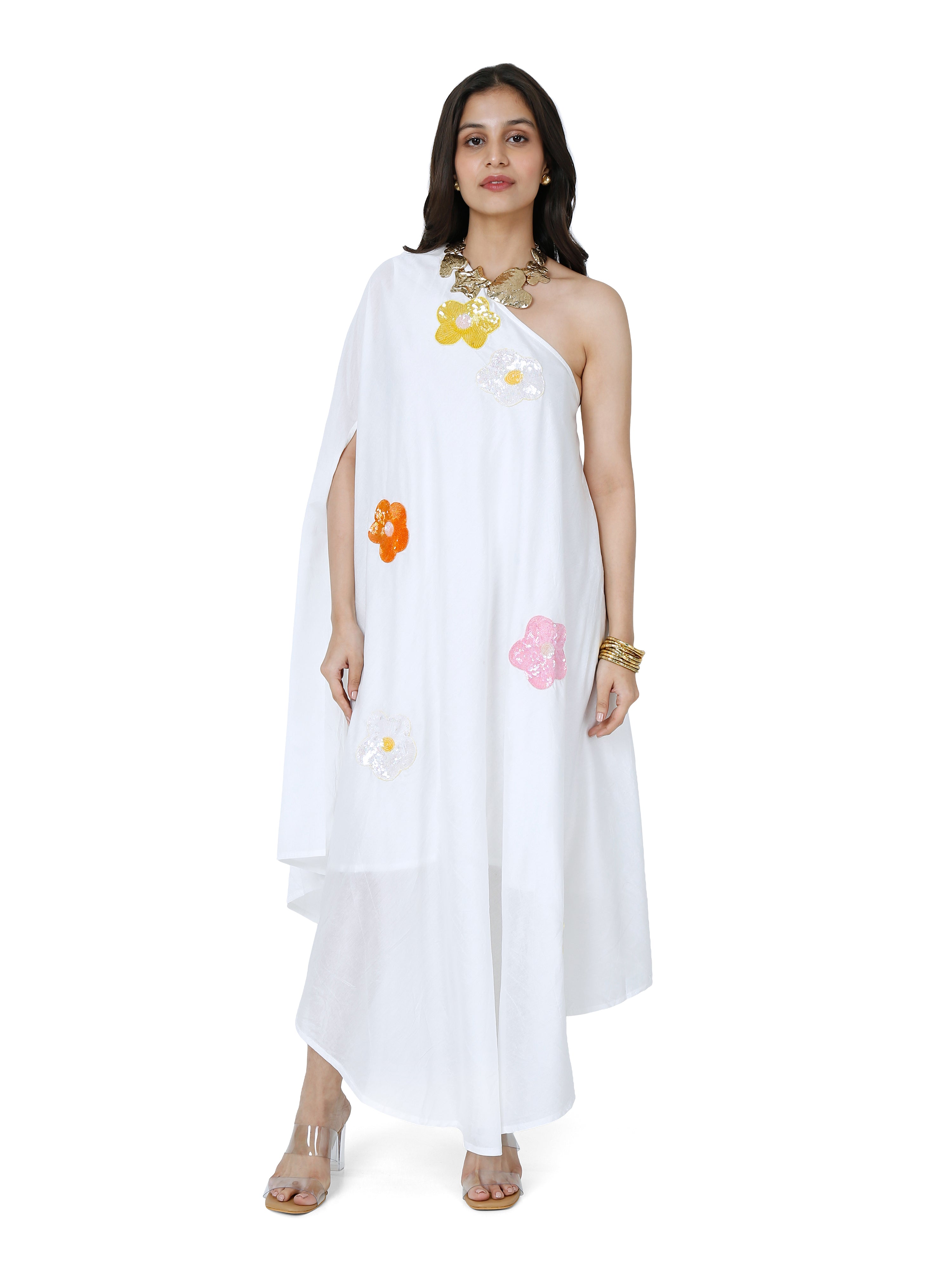 Ivory Petal Chanderi Dress with Floral Hand Embroidery