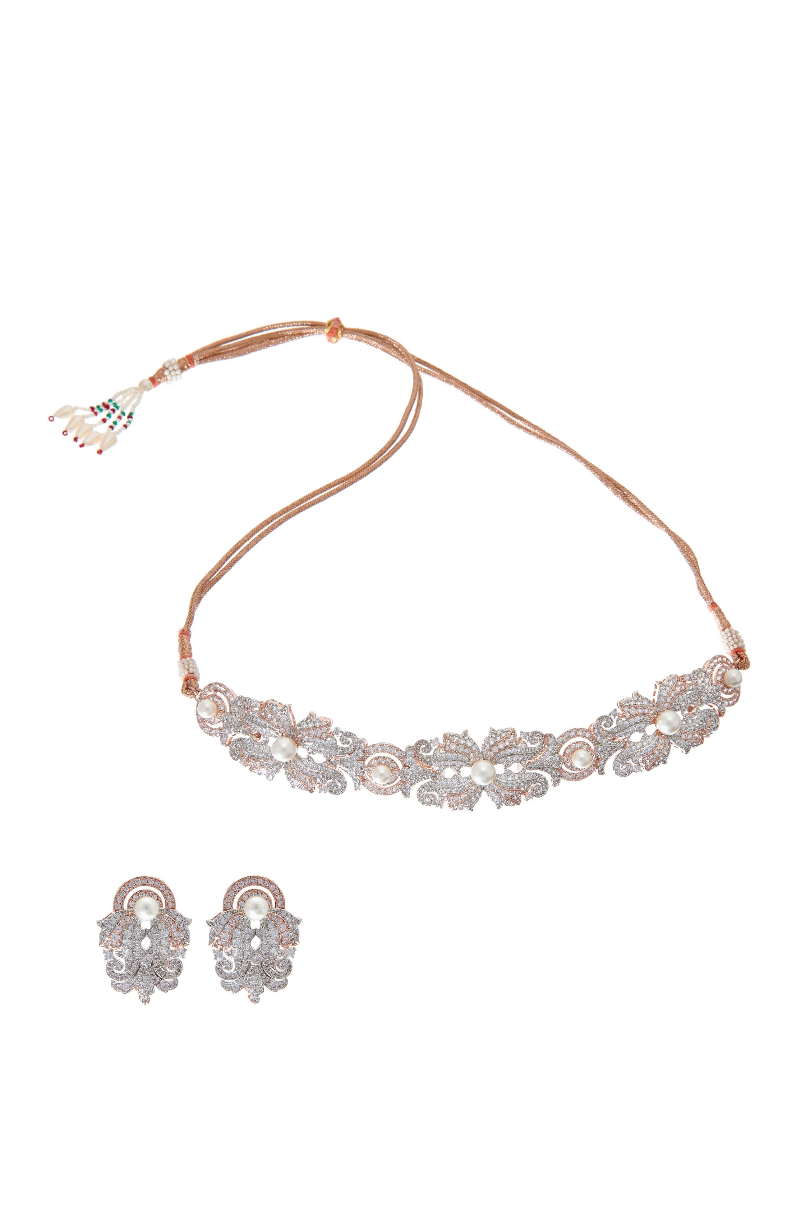 Rosegold and white Floral Diamond Choker Set