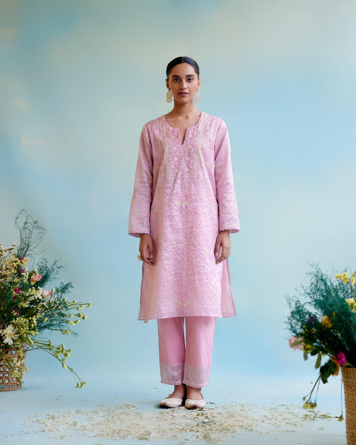 Pink Rose Crushed Stripe Tissue Kurta with Floral Embroidery and Bead Work