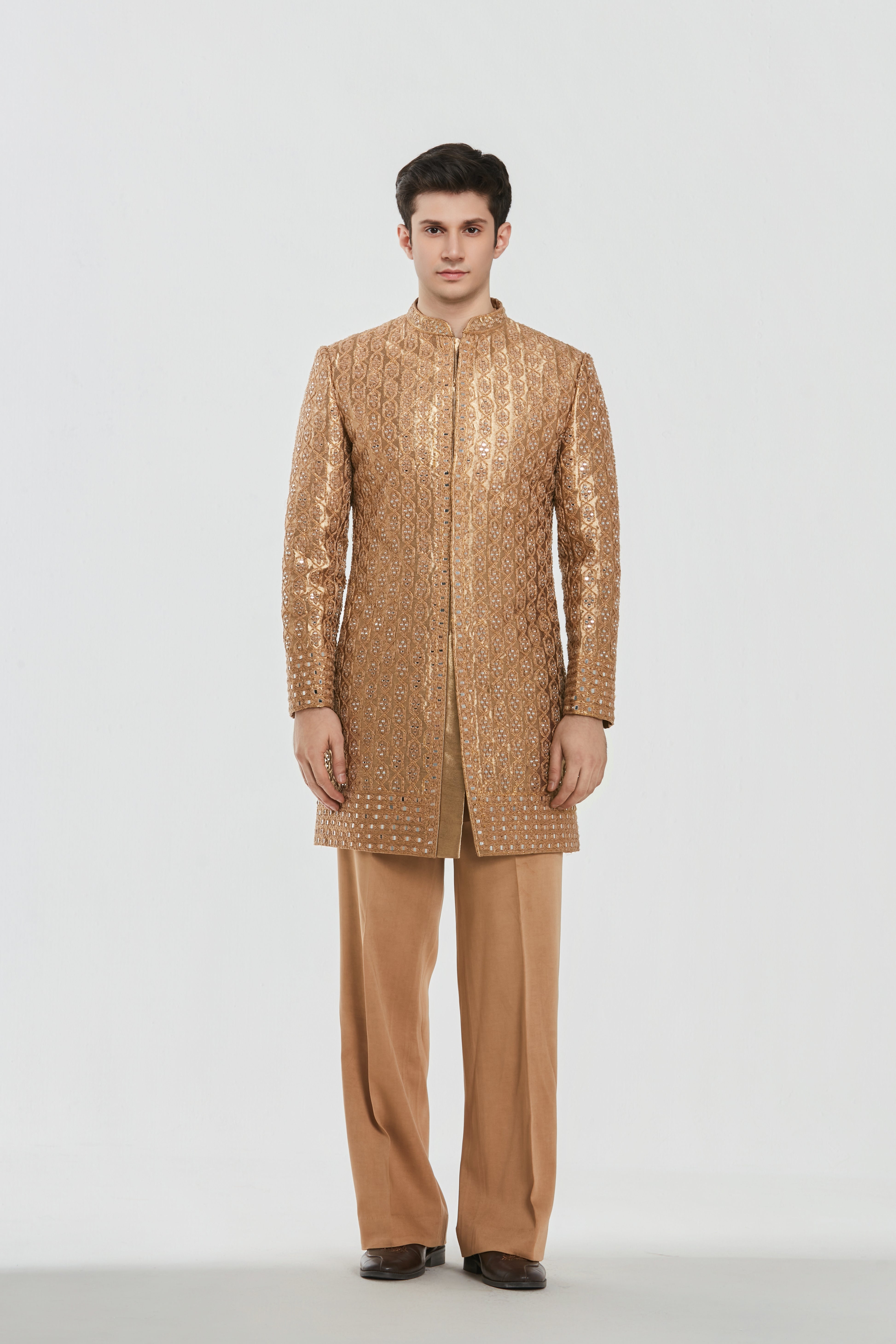 Sherwani - Shimmer , Kurta - Heavy Chanderi , Pant - cotton twill