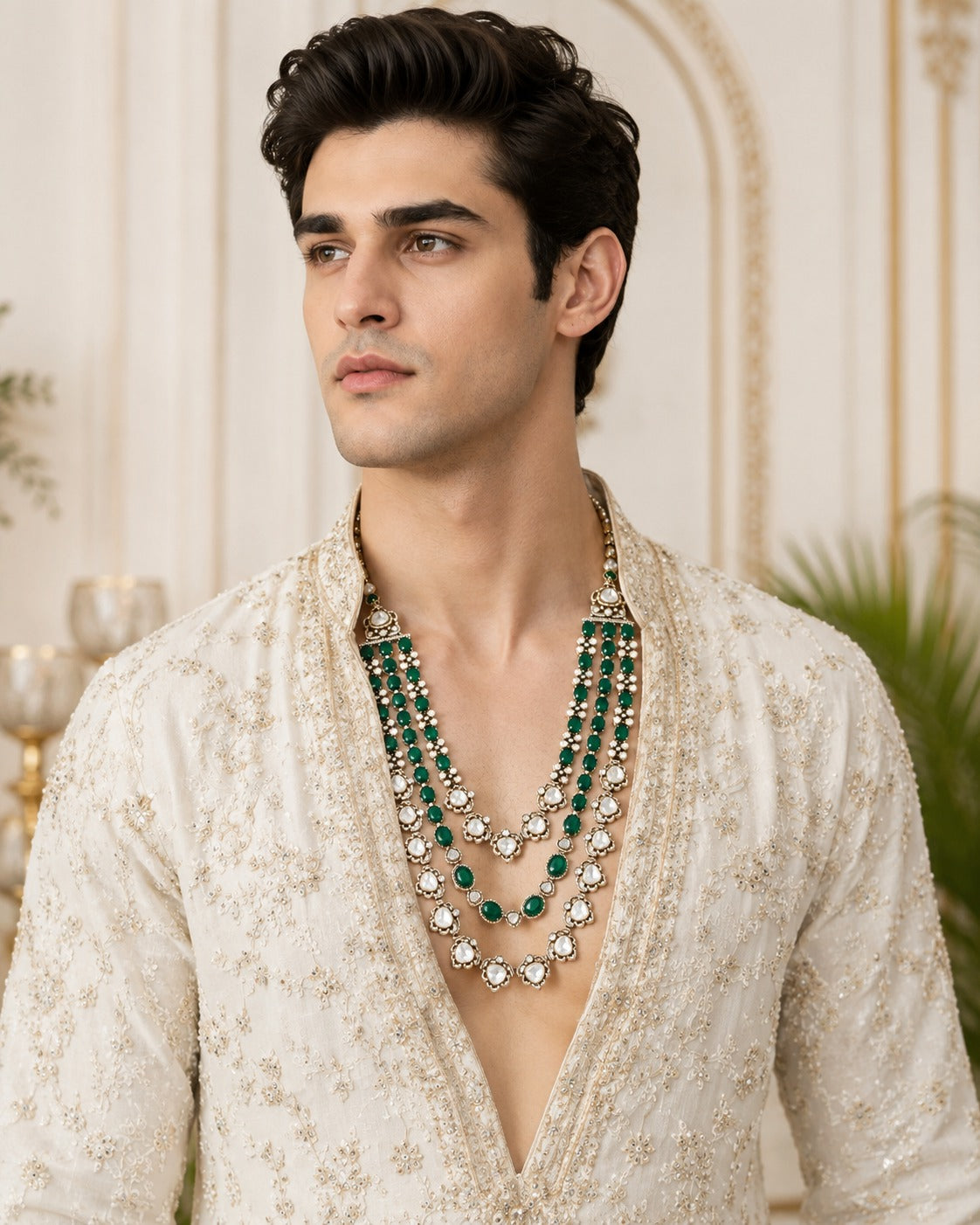 Three-Layered Green Beaded Kundan Mala