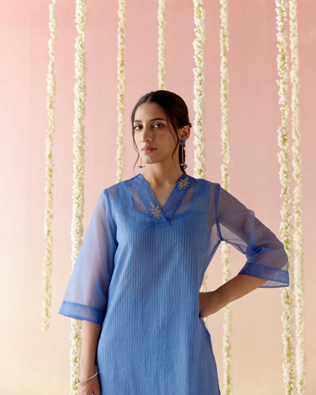 Sapphire Blue Kurta with Tissue Slip & Flared Pants - Set of 3