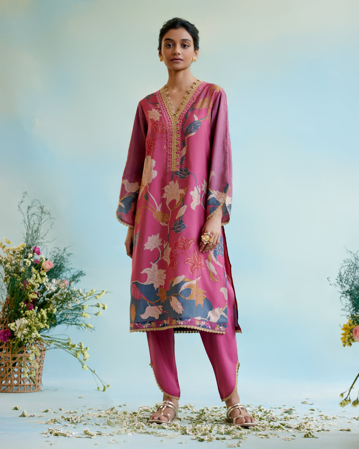 Orchid Pink Printer Kurta with delicate lace detailing with Tulip Pants and Dupatta