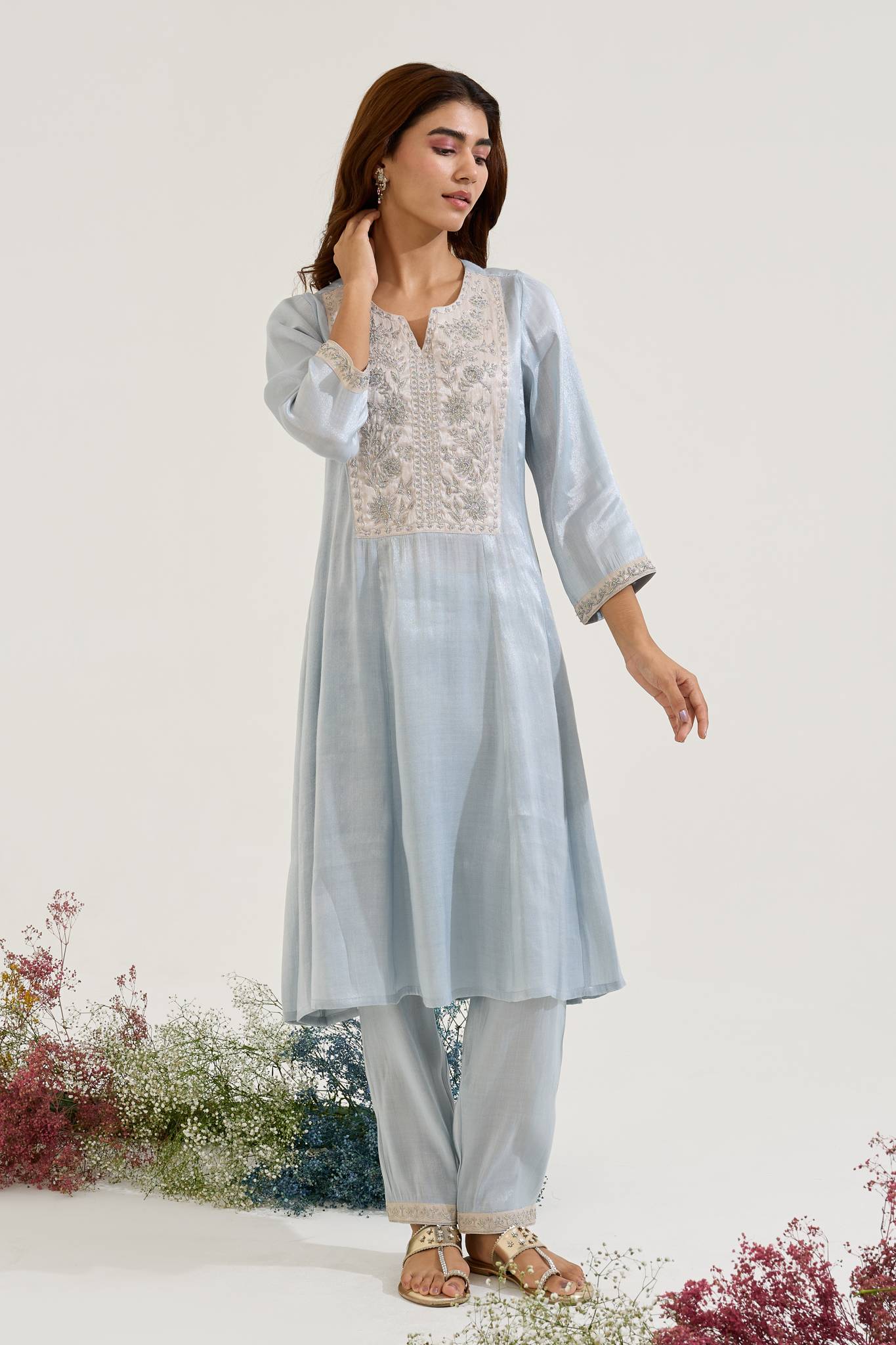 Sky Dori Tissue Anarkali with Narrow Pants - Set of 2
