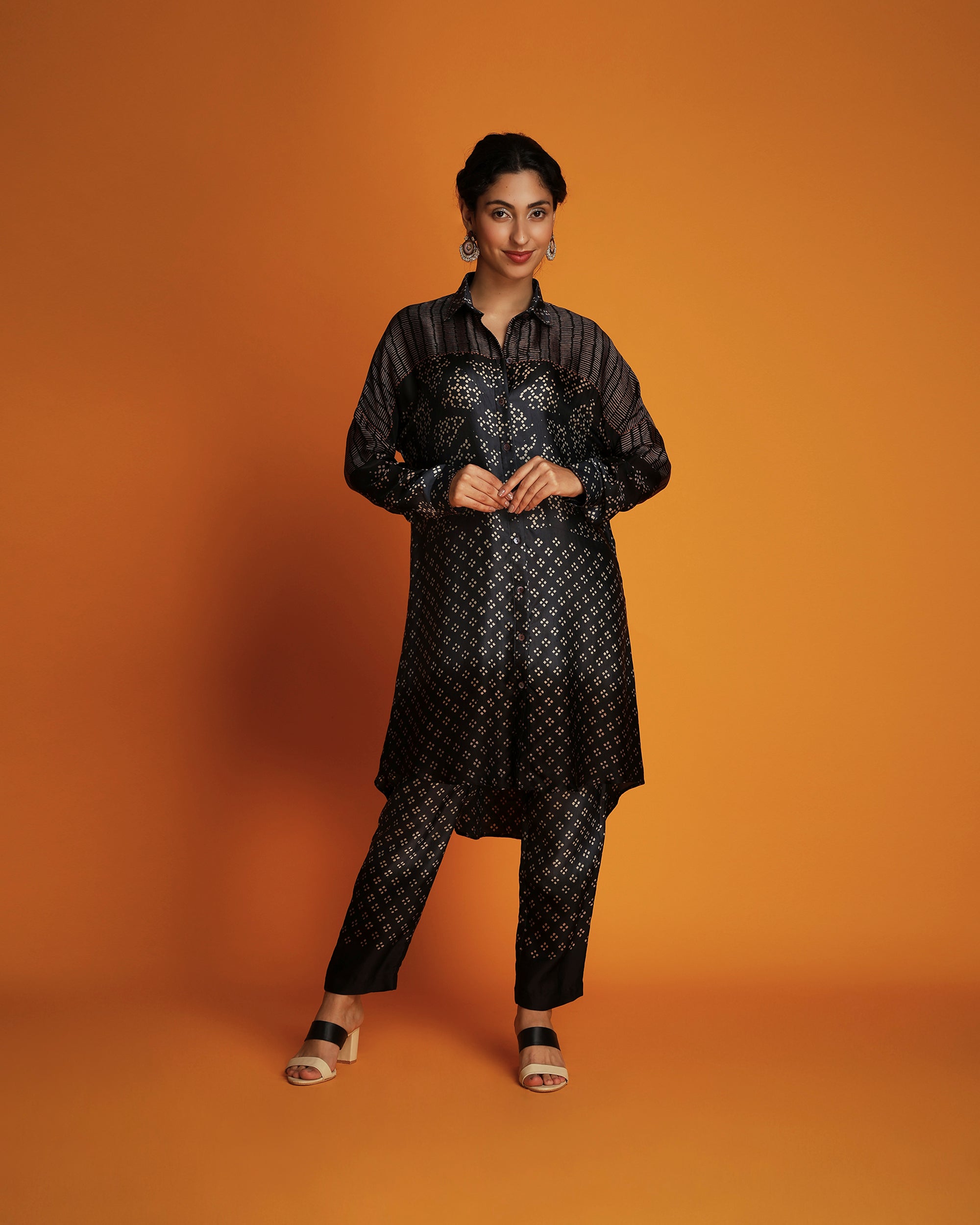 Black ombre block printed shirt tunic set