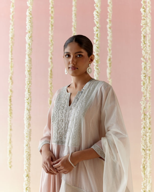 Rosy Pearl Tissue Anarkali with
Narrow Pants & Dupatta - Set of 3