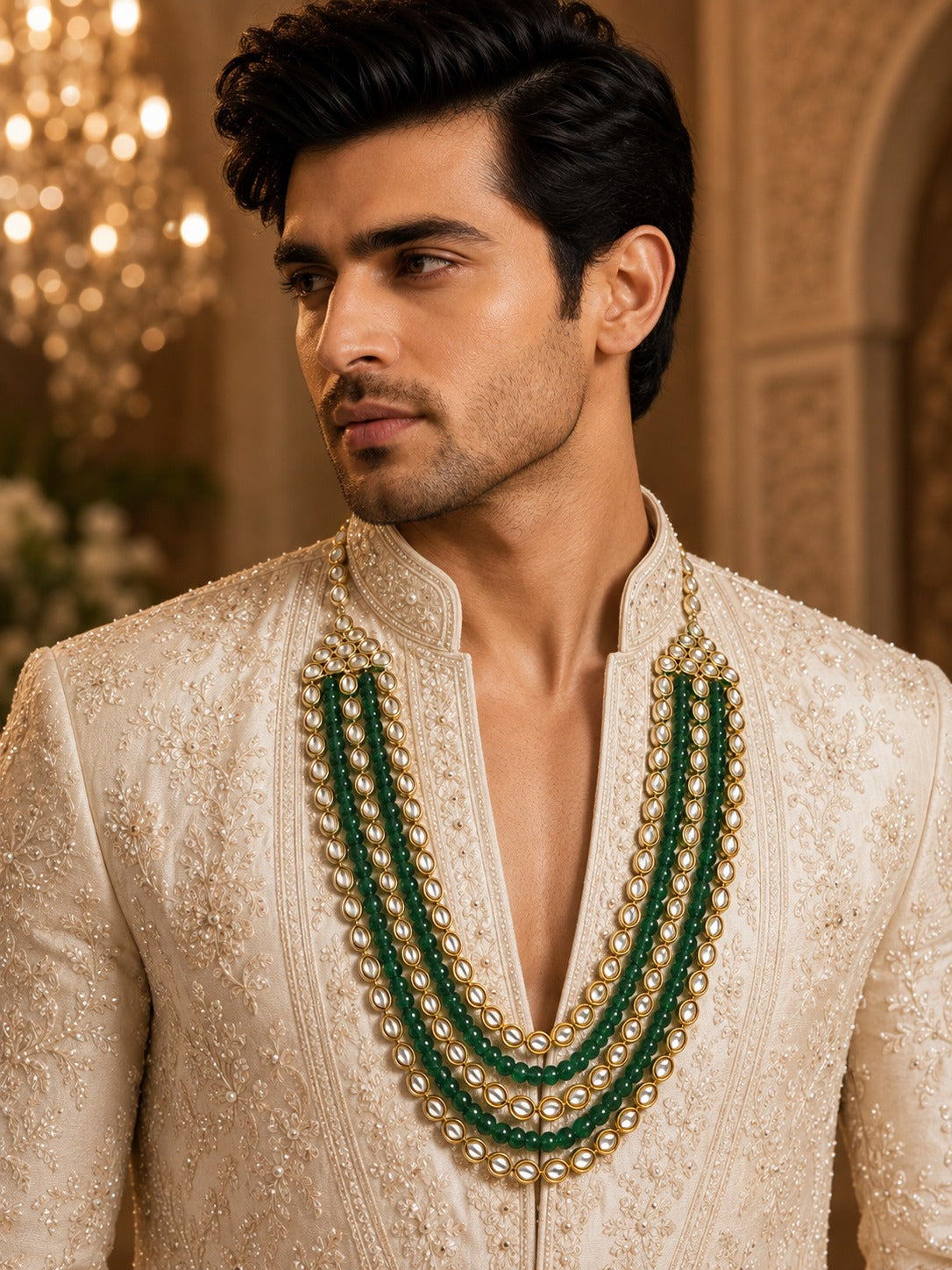 Green Beaded Kundan Layered Mala