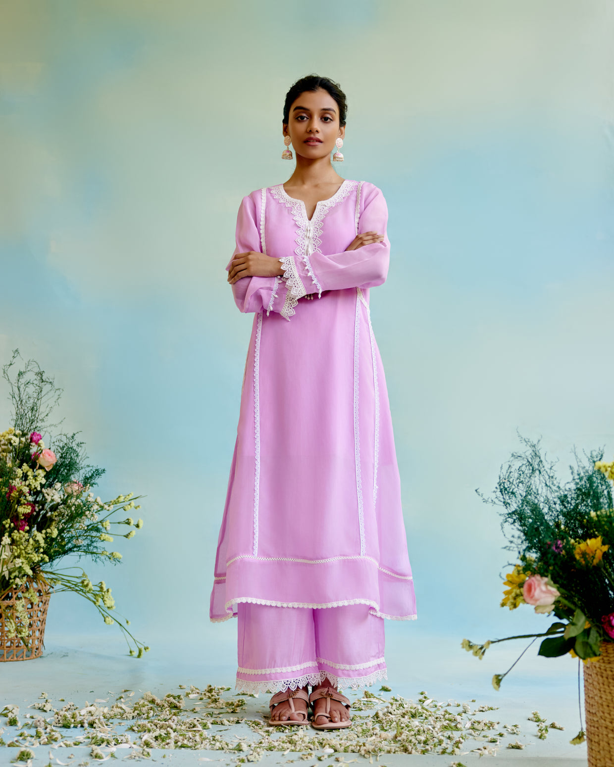 Lilac Glory Organza Anarkali Kurta with Lace Detailing