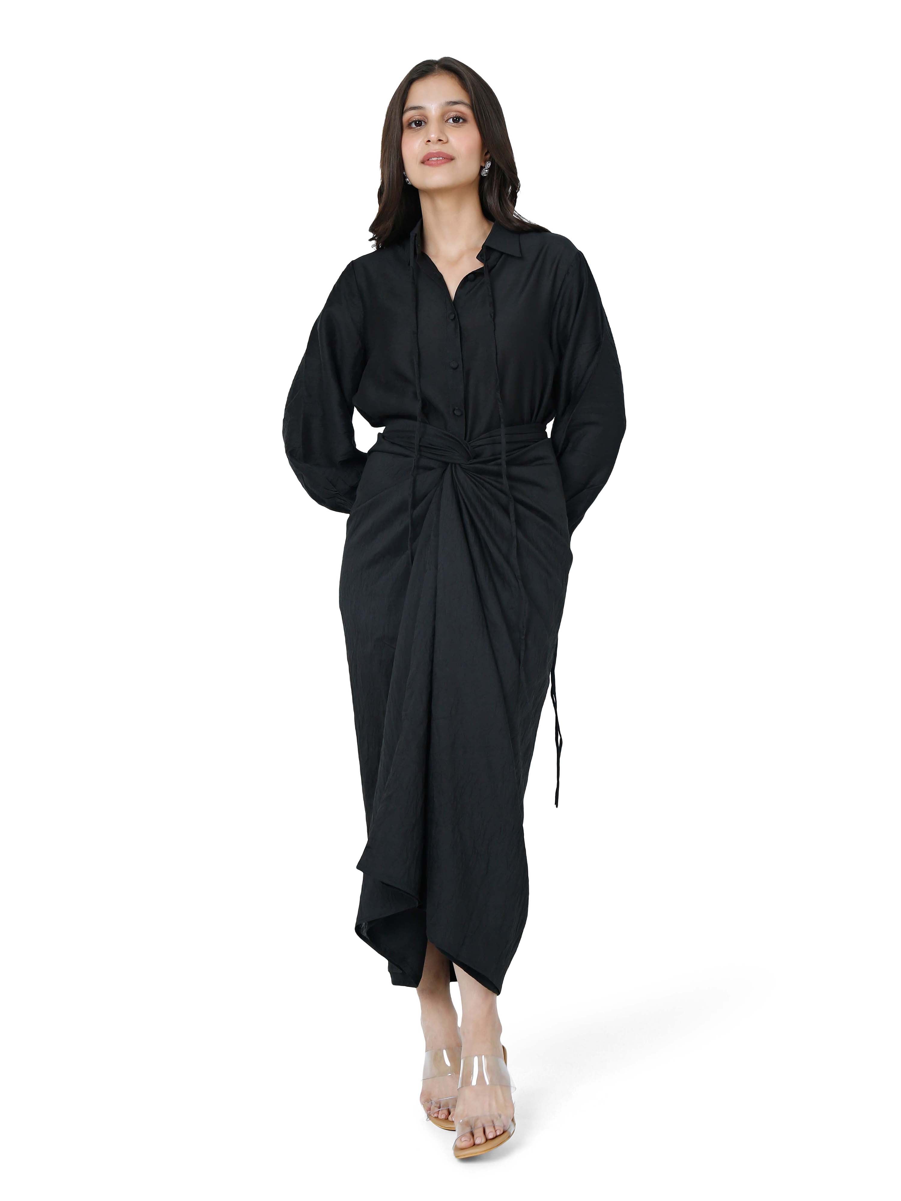 Noir Chanderi Draped Skirt & Shirt Set – Effortless Evening Wear