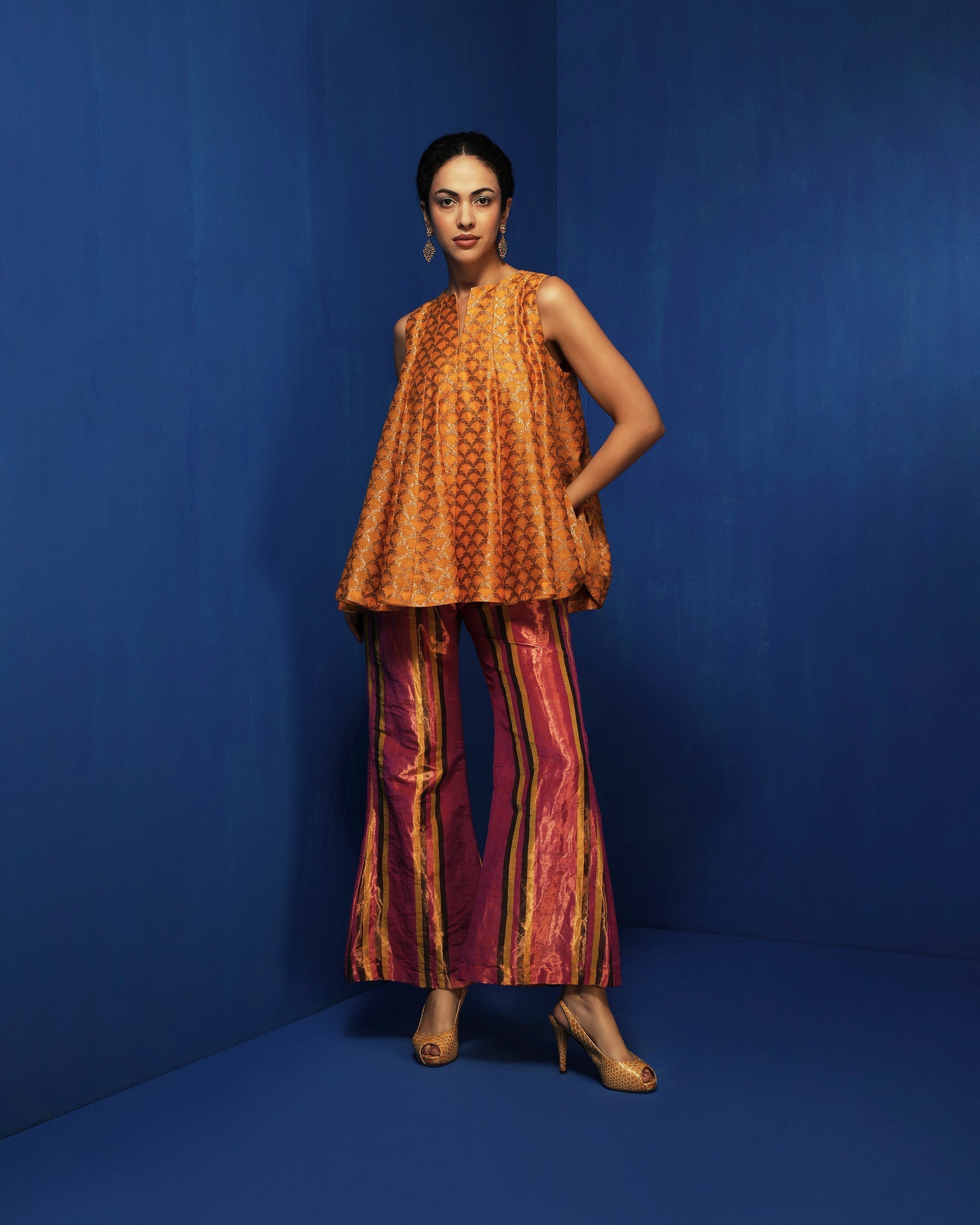 Mustard brocade silk swing top