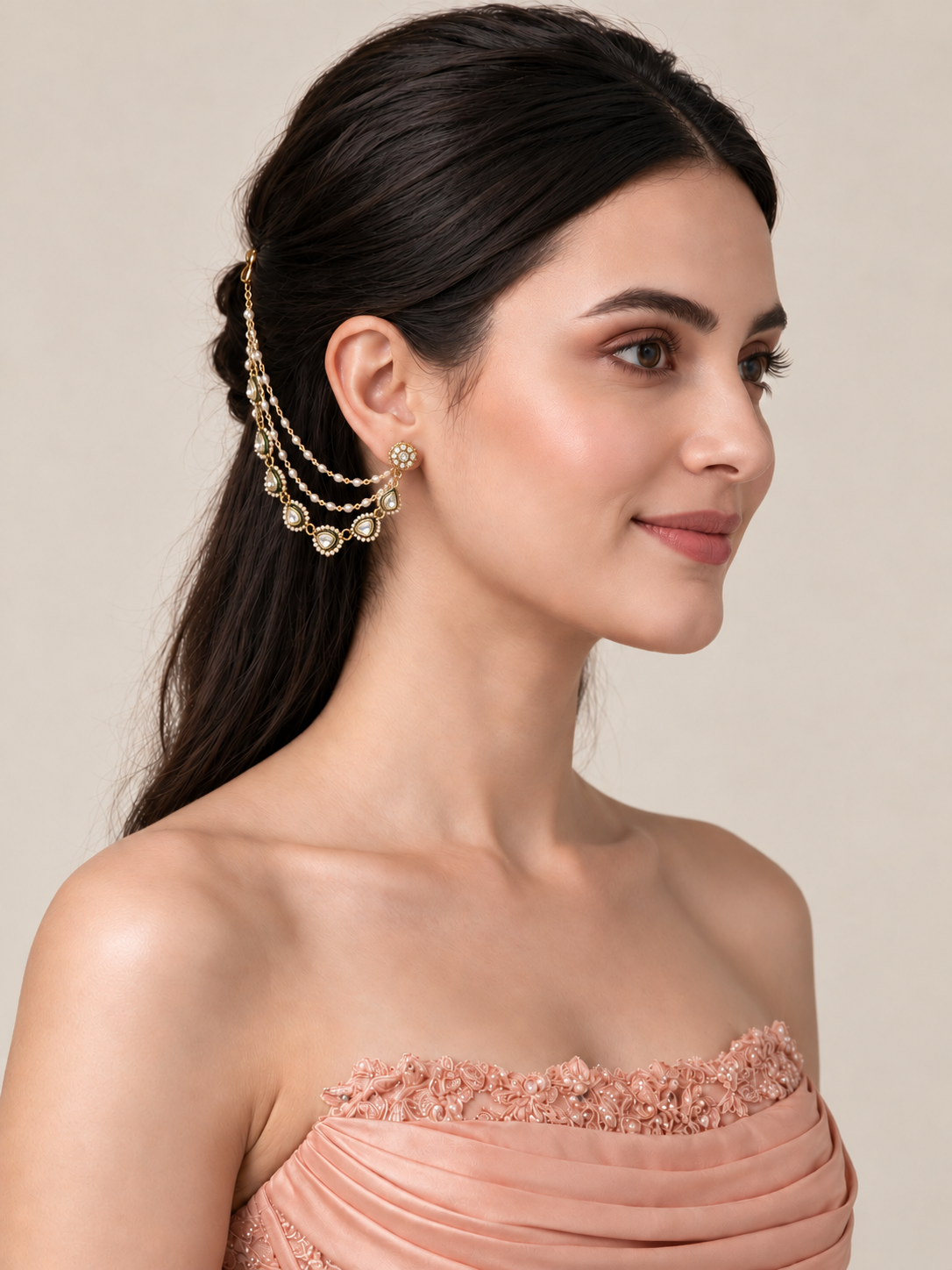 Kundan Pearl Layered Ear Chain