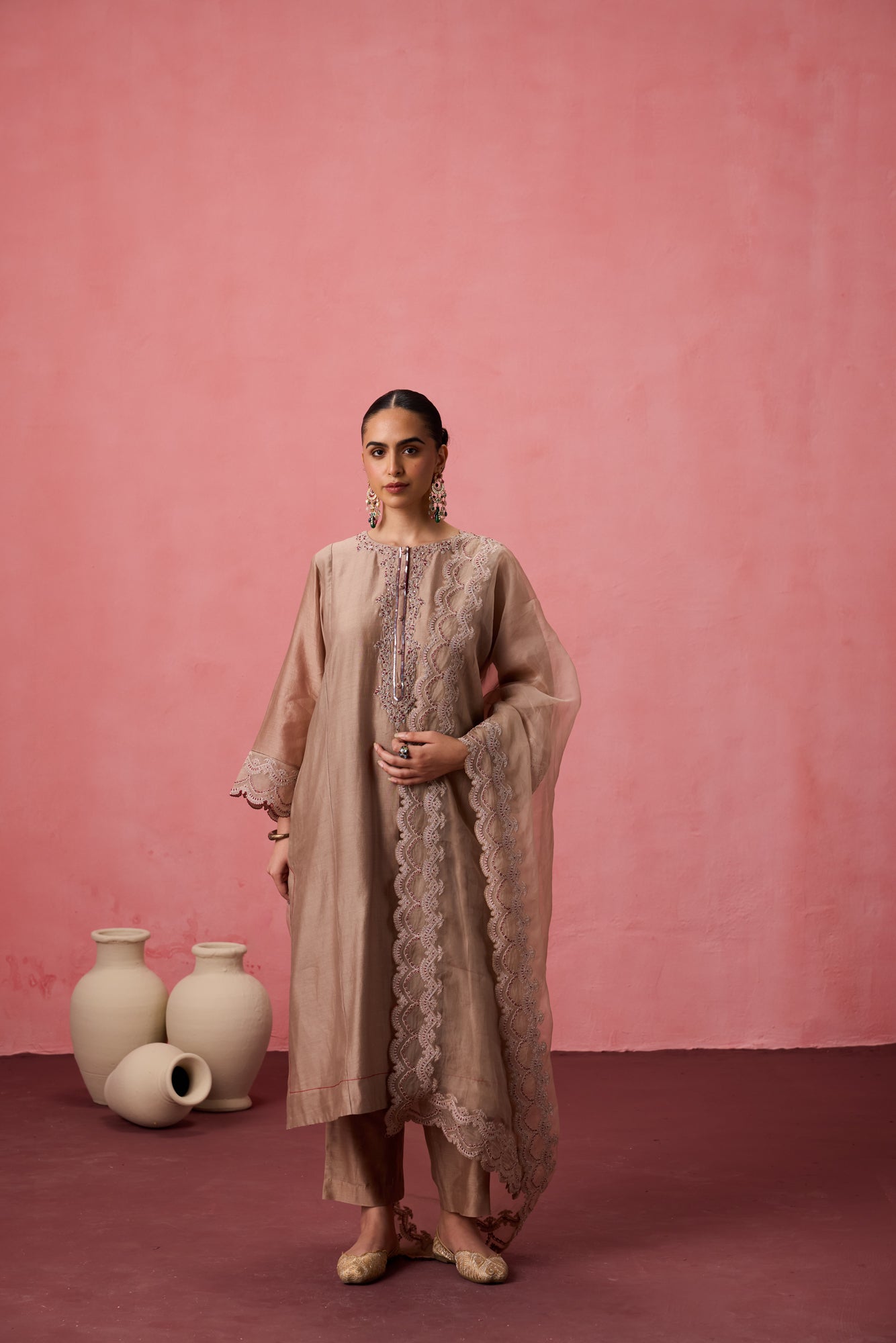 Champagne chanderi dori work and resham embroidered kurta paired with pant & organza dupatta