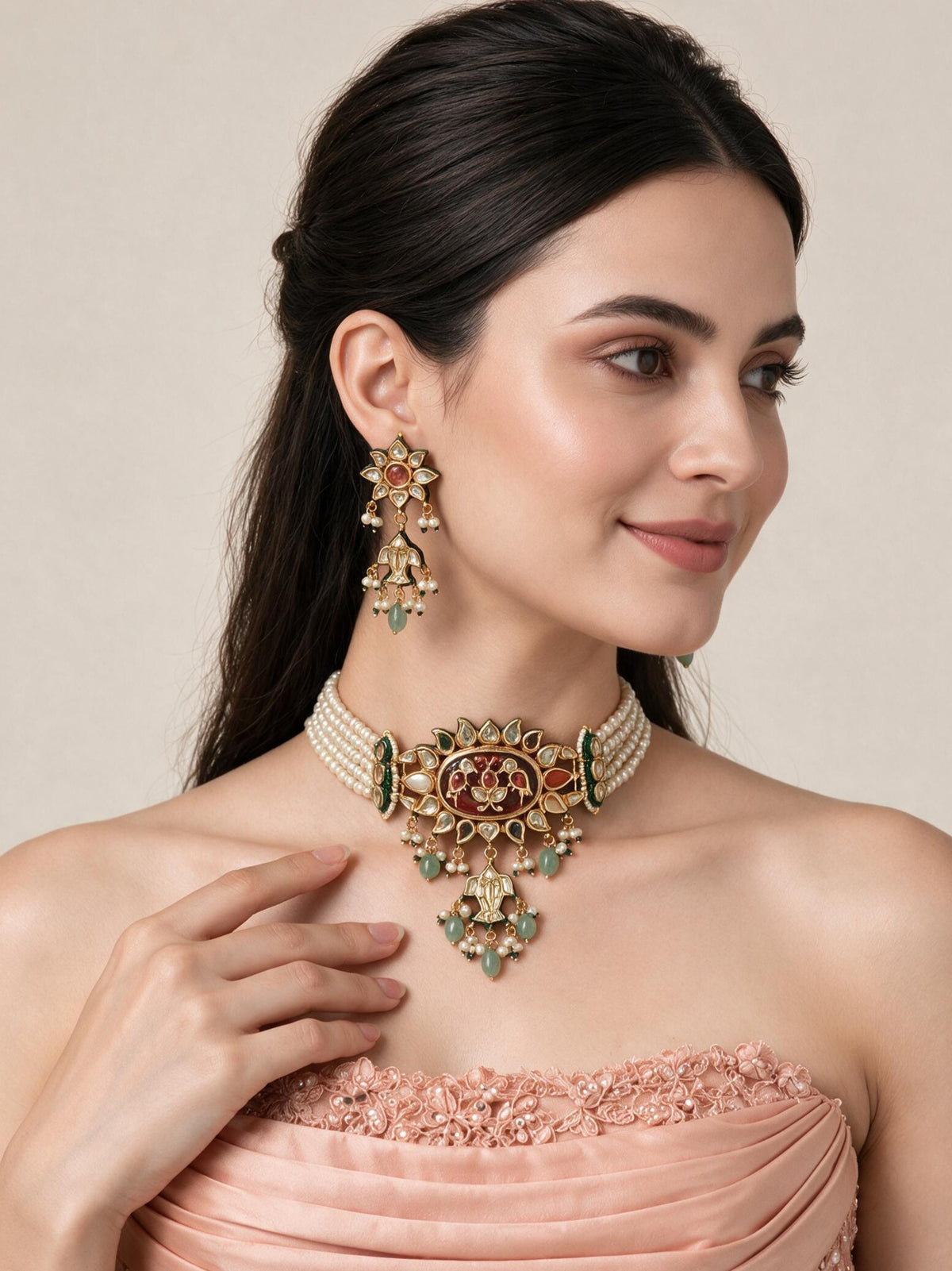 Navratna Kundan Pearl Statement Choker Earring Set