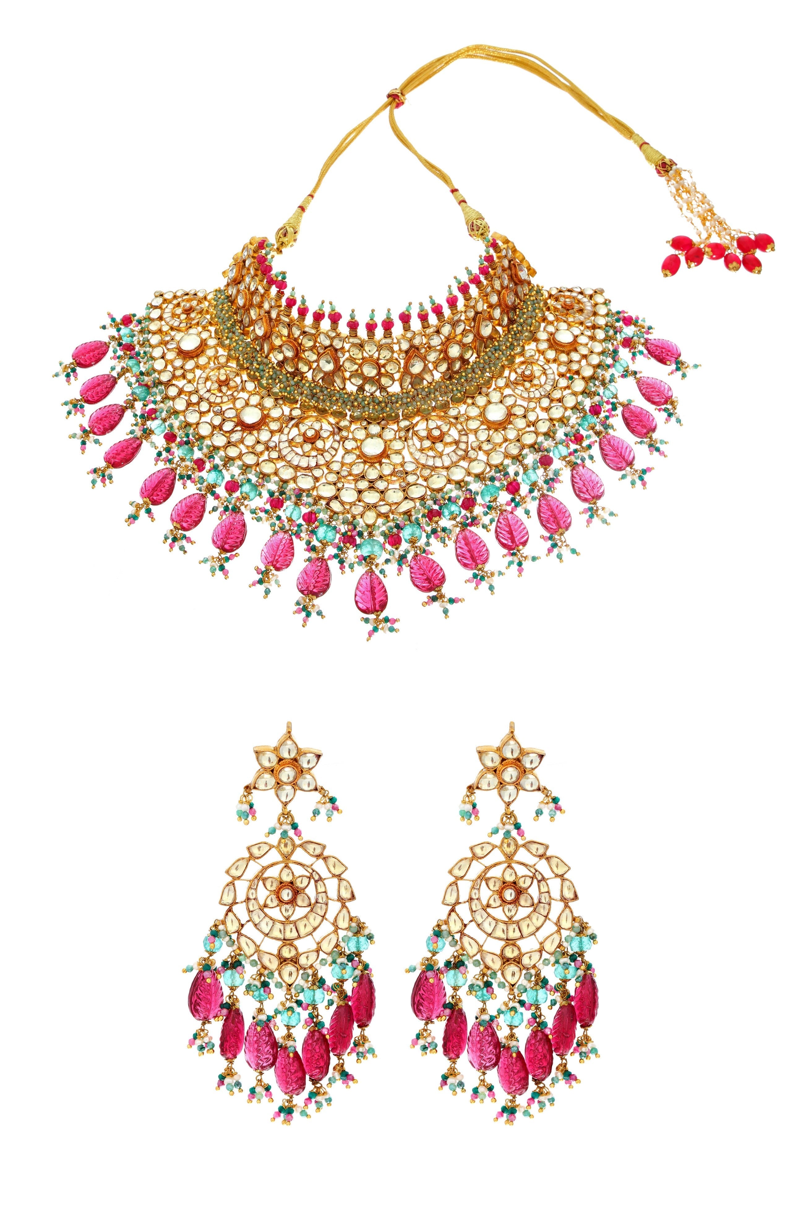 Maroon Carved Stone Necklace Set