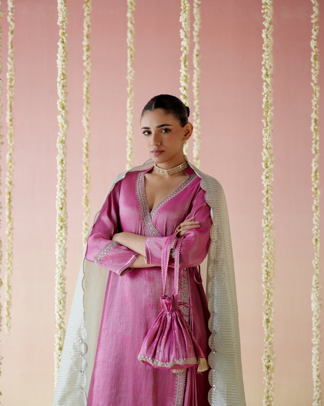 Fuschia Pink Tissue Angarakha with
Narrow Pants & Dupatta - Set of 3