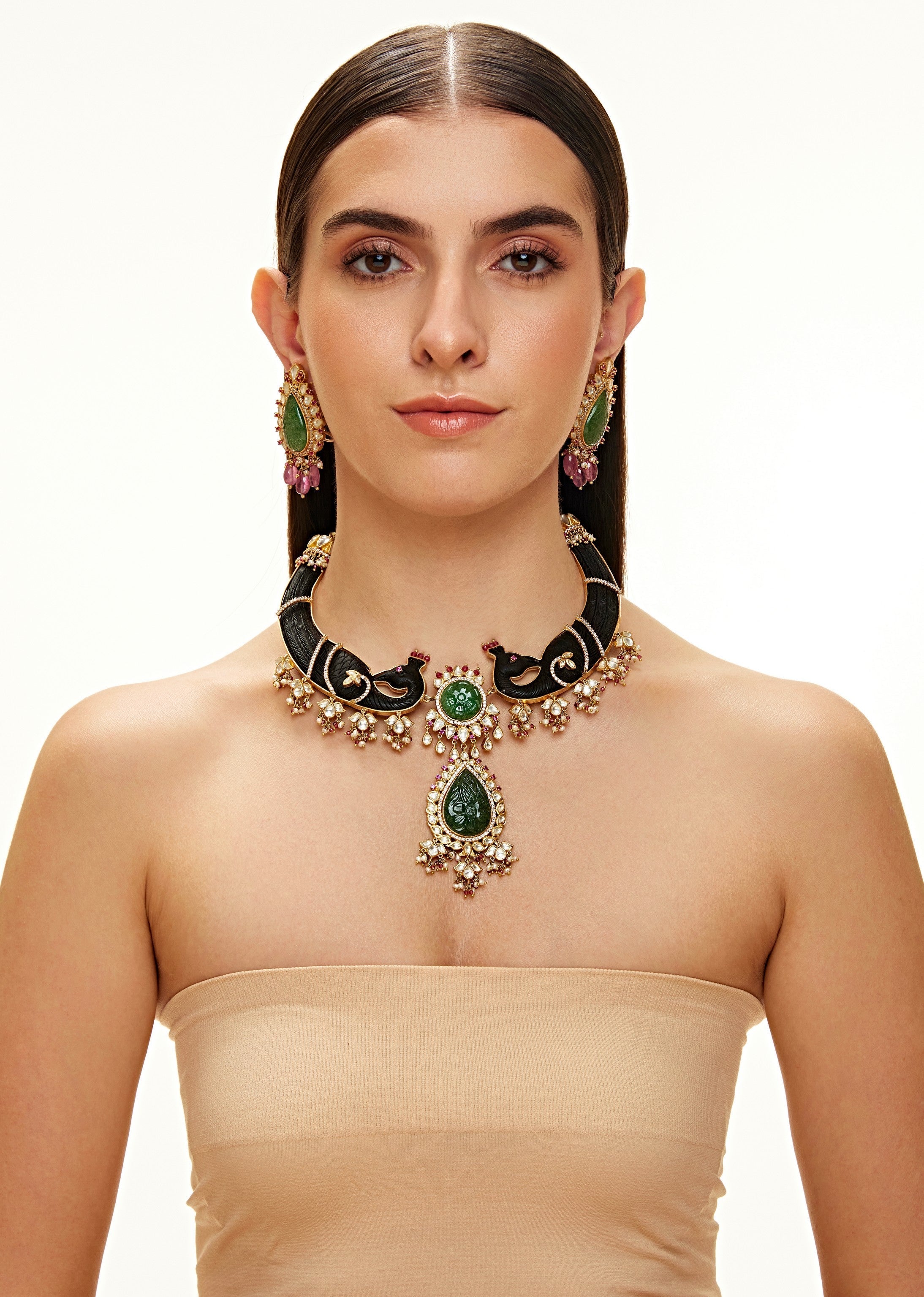 Mayur mukh panna necklace set