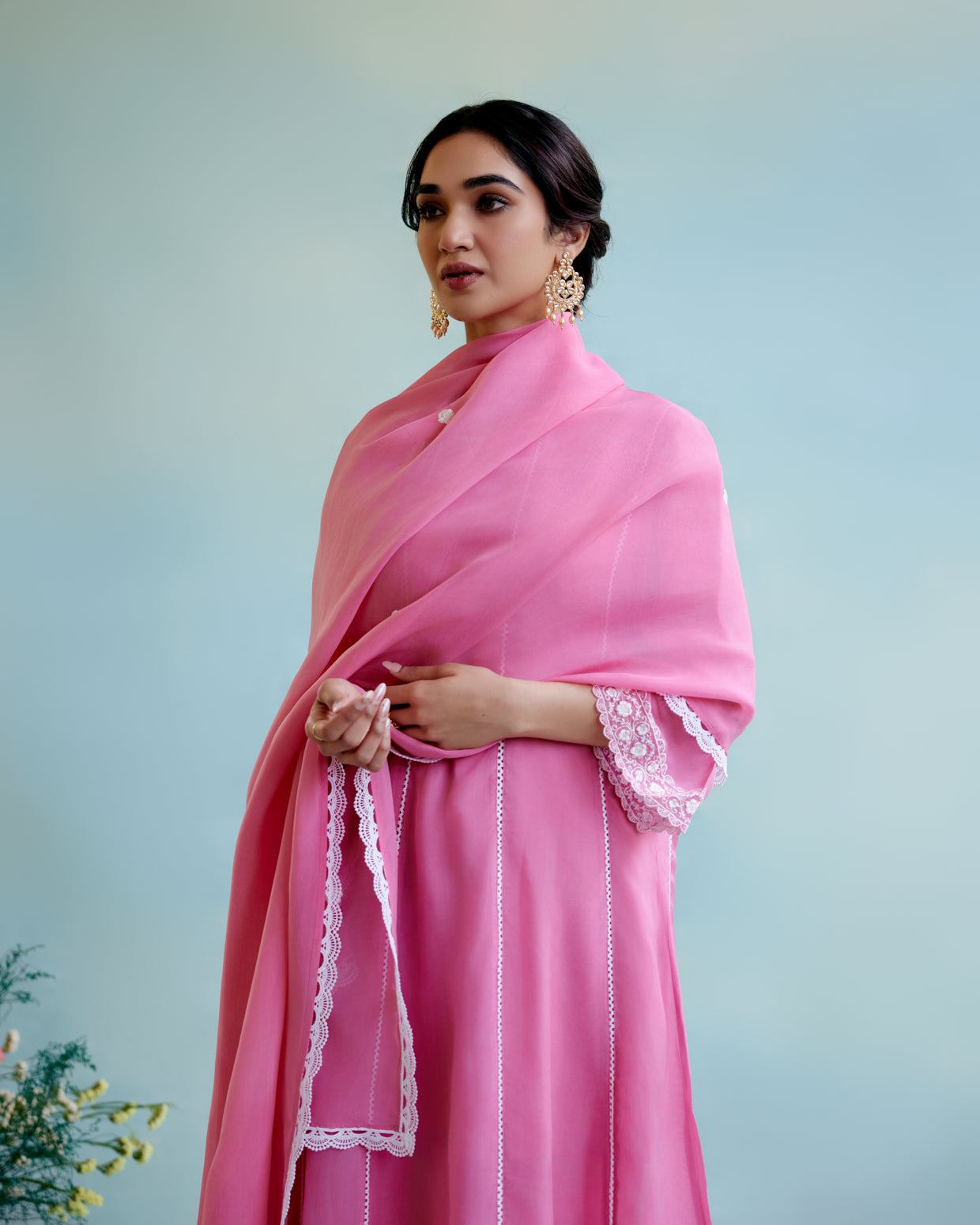 Blush Pink Organza Dupatta with lace detailing