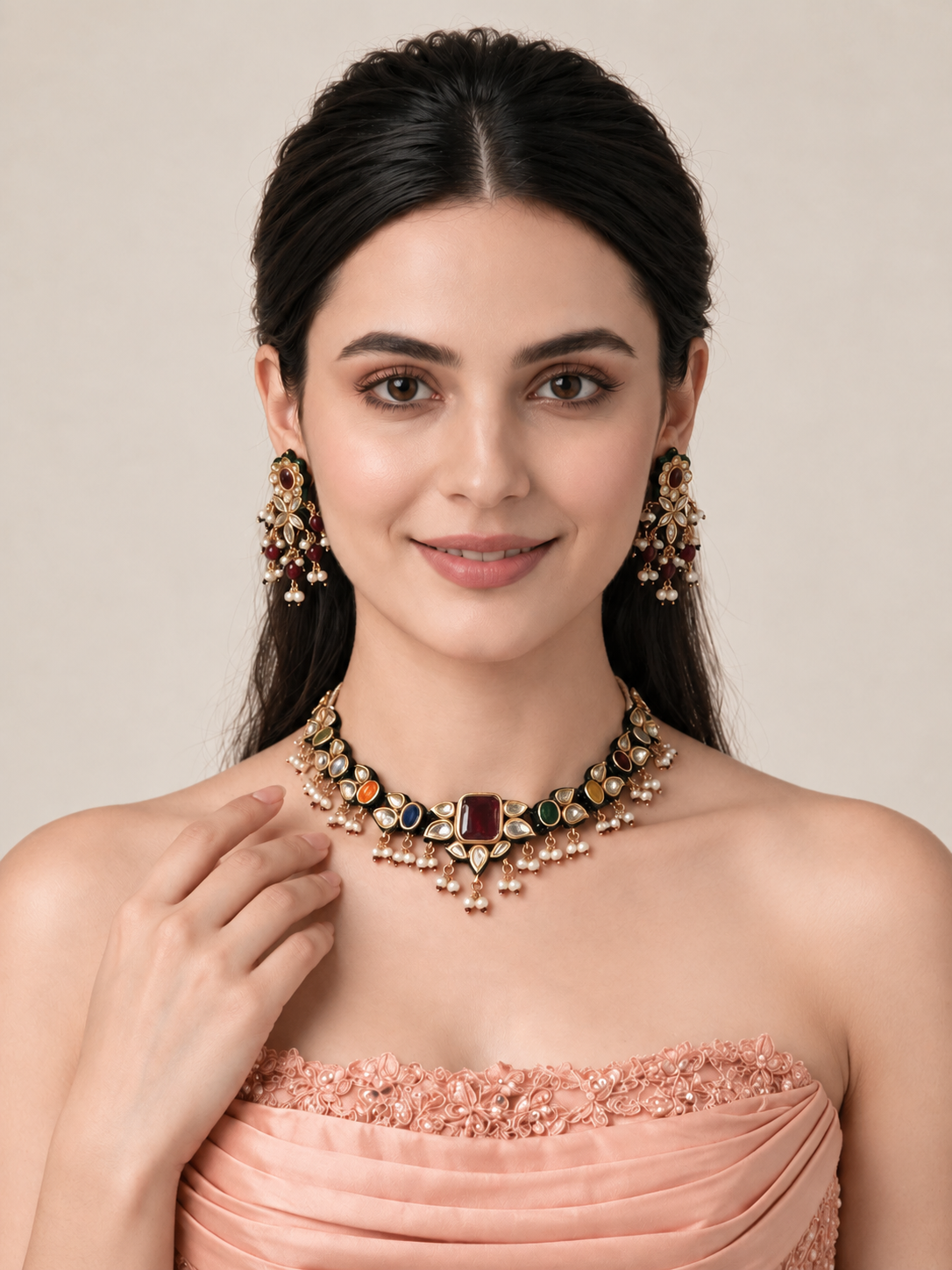 34 Navratna Kundan Pearl Necklace Set
