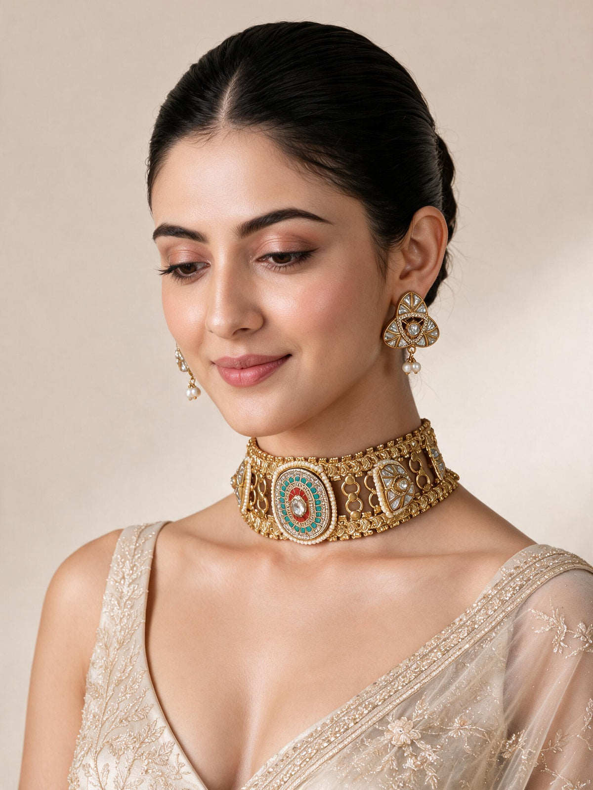 Multicoloured Handcrafted Jadau Kundan Choker Set with Pearl Accents