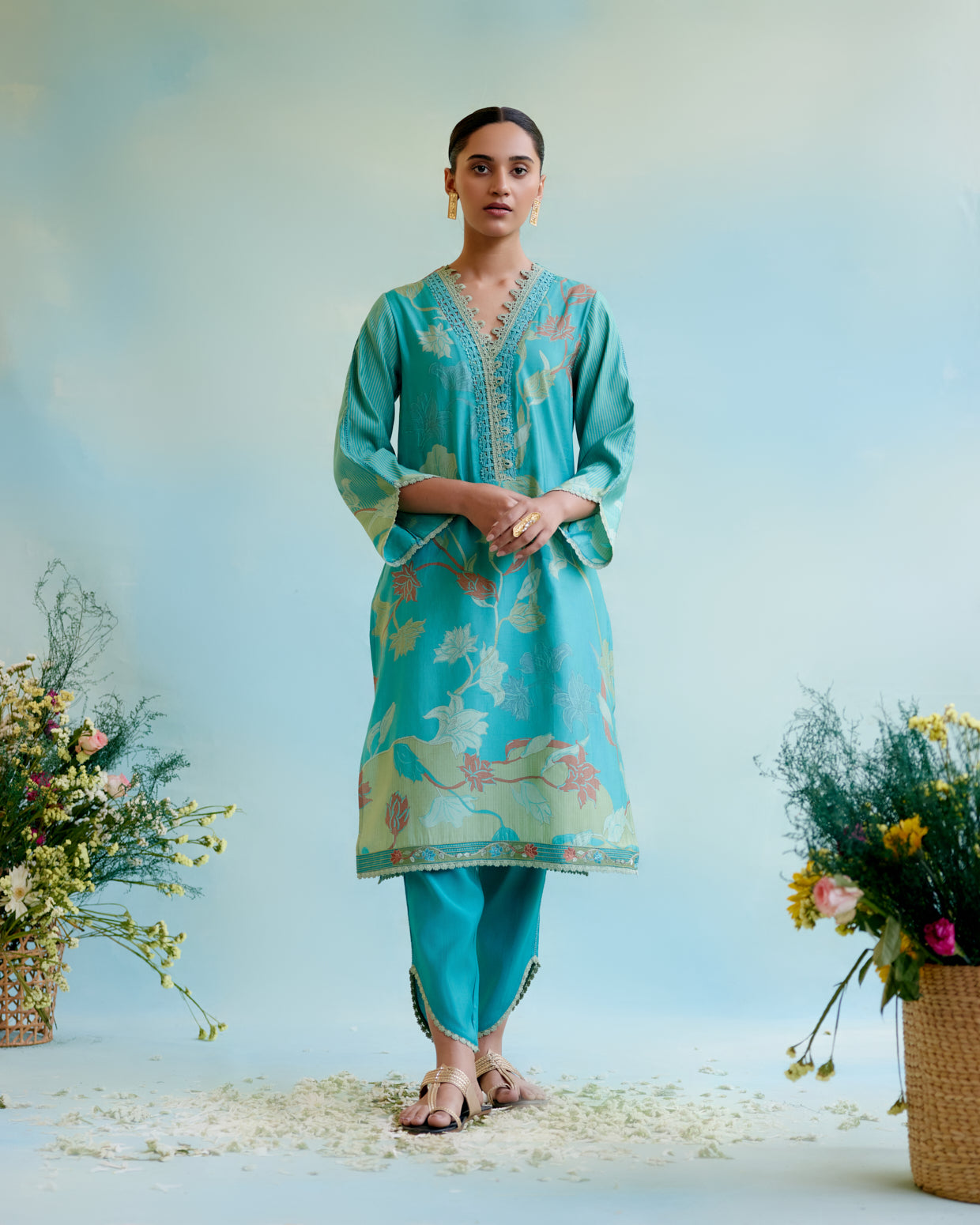 Peacock Blue Printer Kurta with delicate lace detailing with Tulip Pants and Dupatta