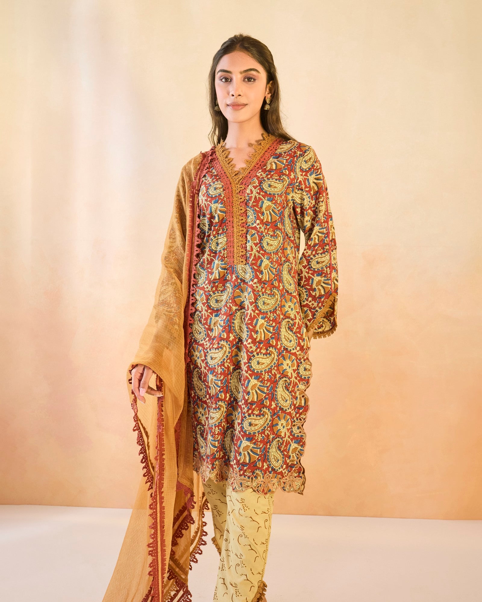 Ruby Petal Scallop Cotton Kurta with Tulip Pants
