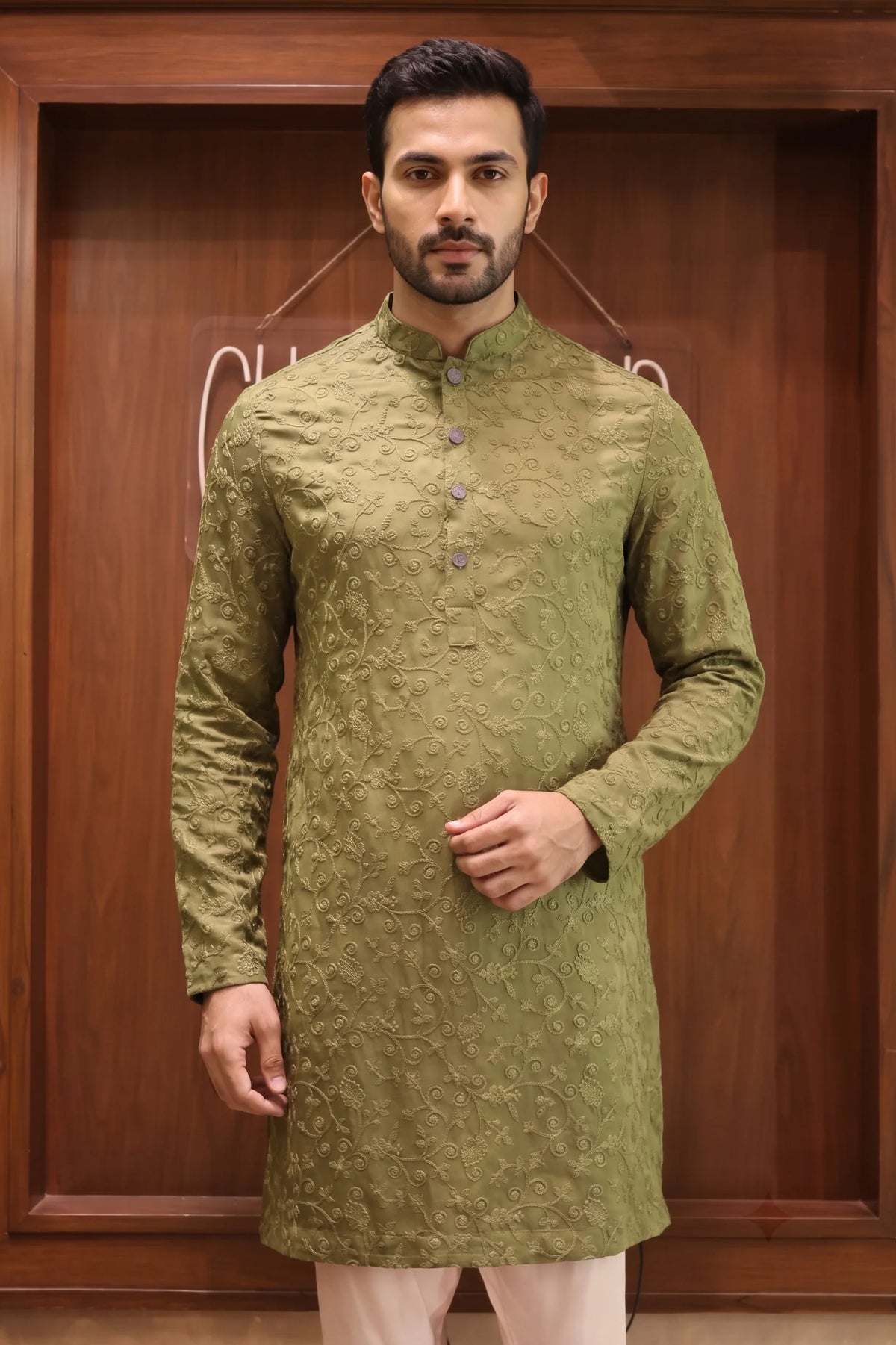 Green Linen Silk Kurta