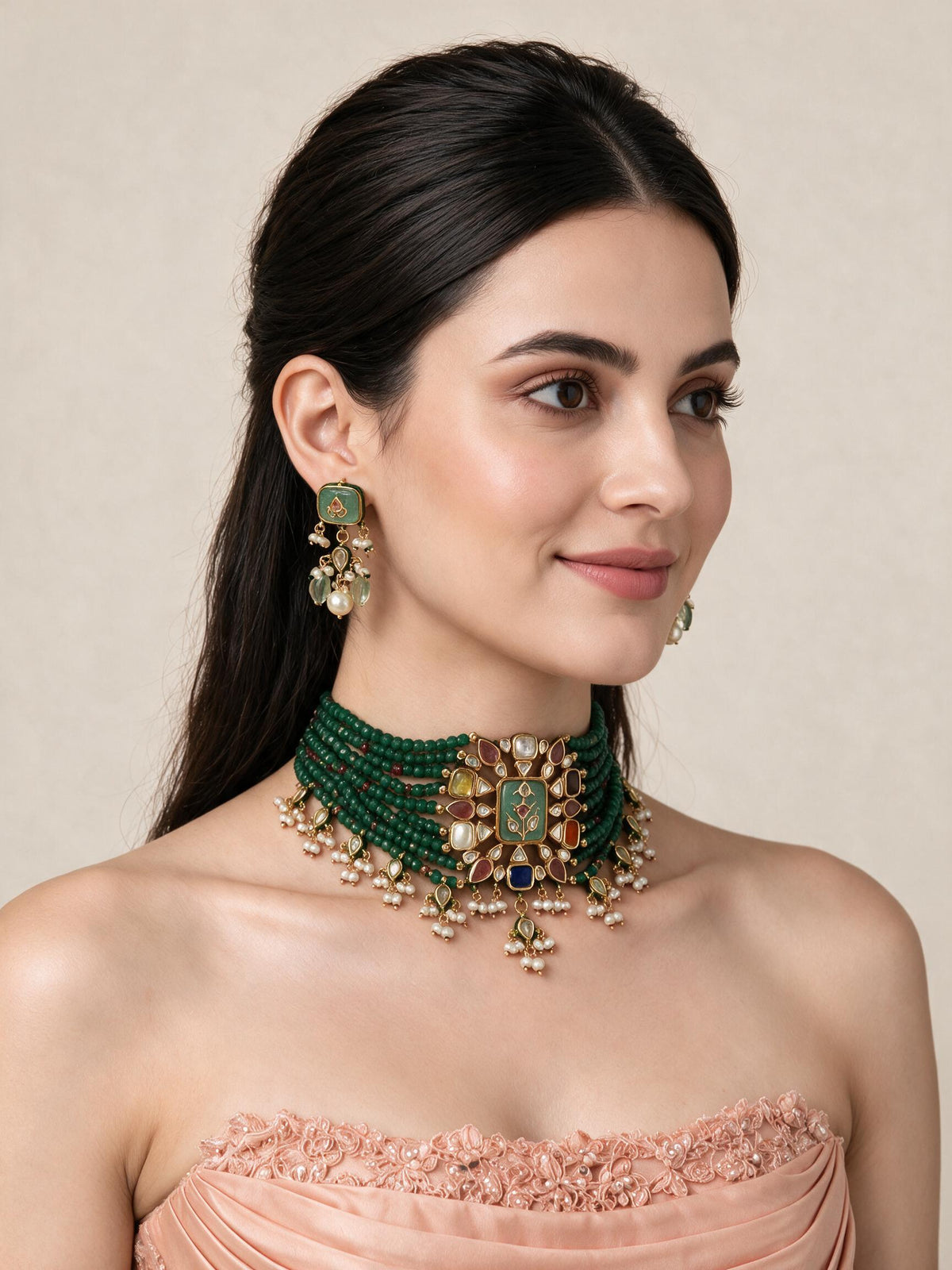 Kundan Multistone Beaded Choker Earring Set