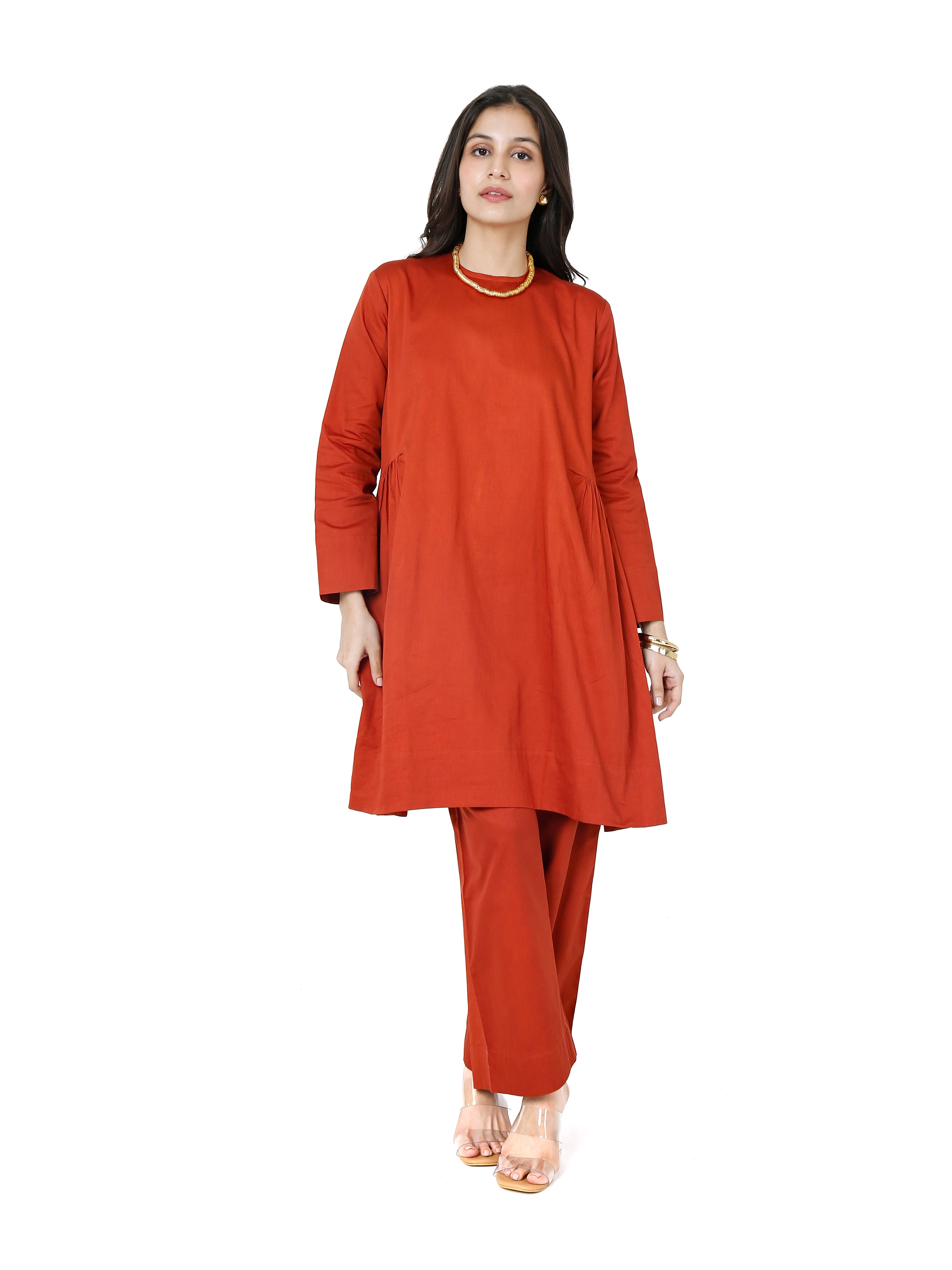 Terracotta Workwear Kurta Set in Cotton Satin