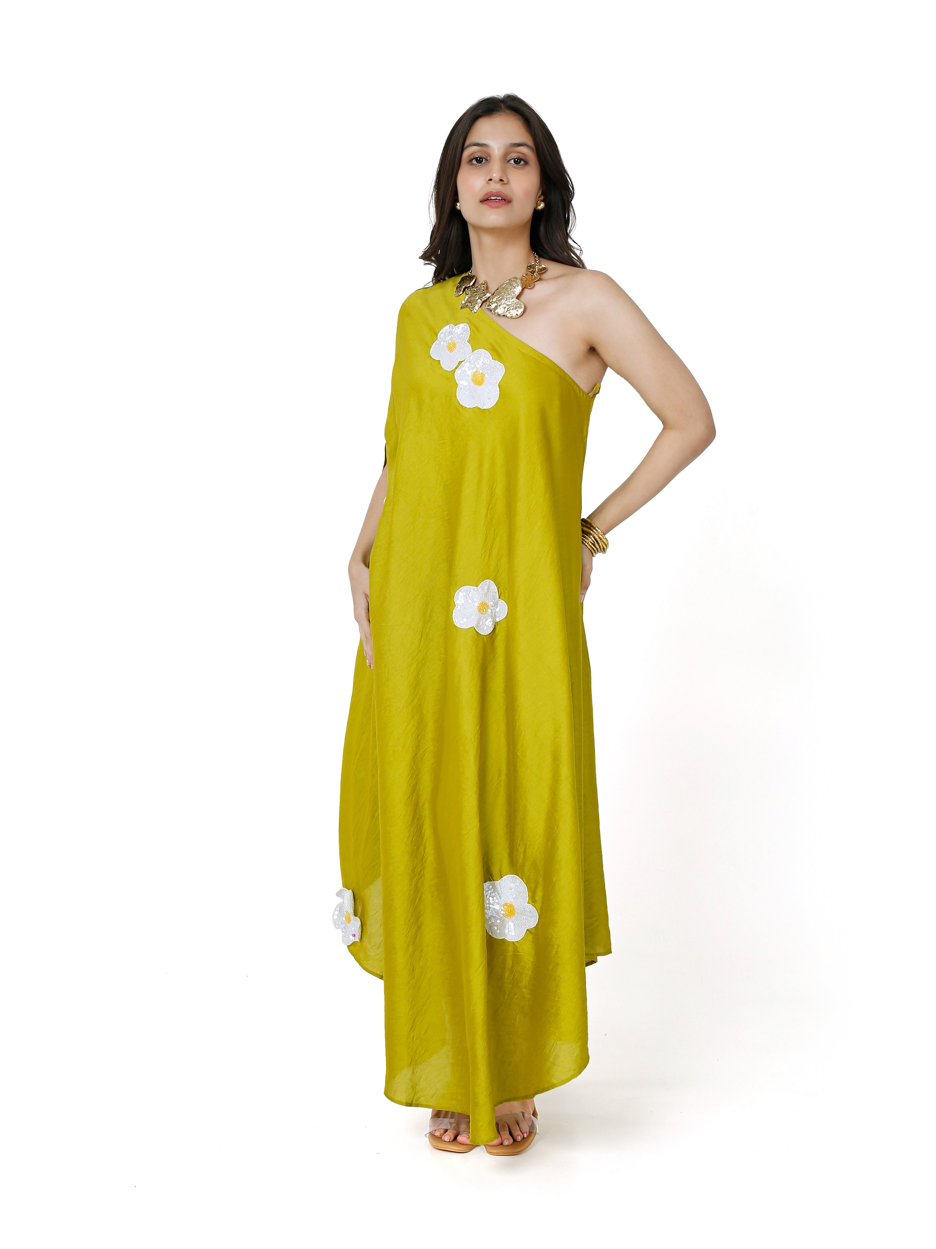 Parrot Green Embroidered Chanderi Dress for Fresh Daywear