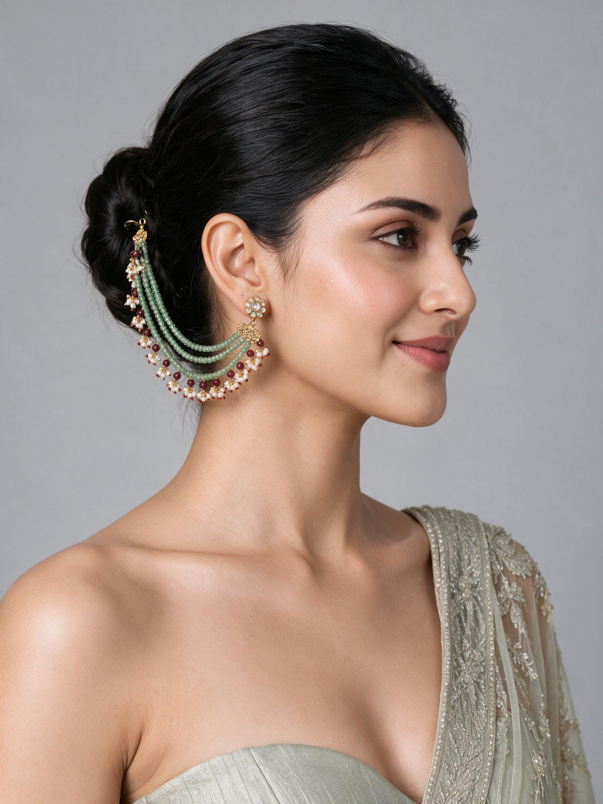 Sage Green Pearl Layered Earchain 62