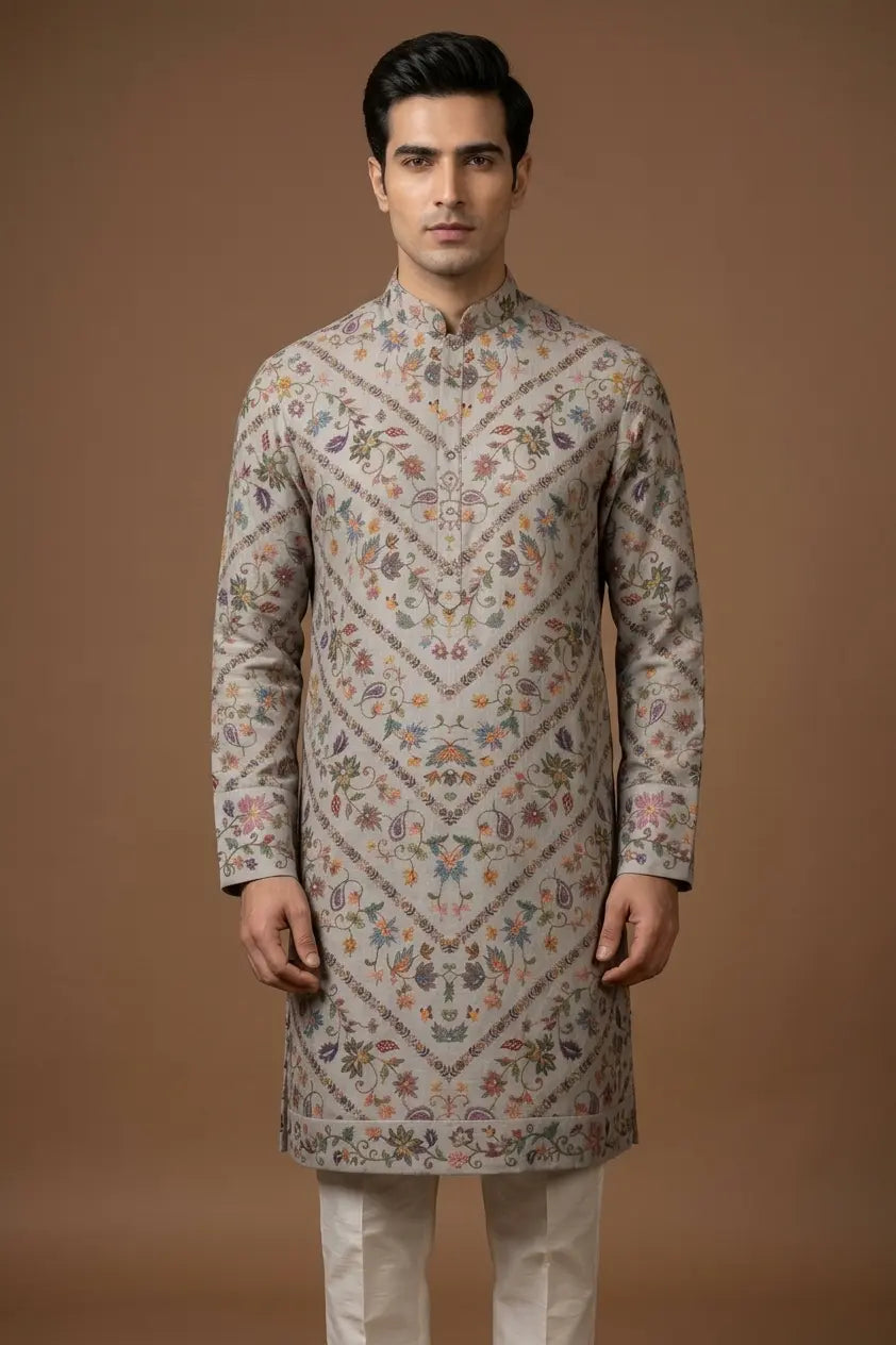 Grey Linen Satin Kurta