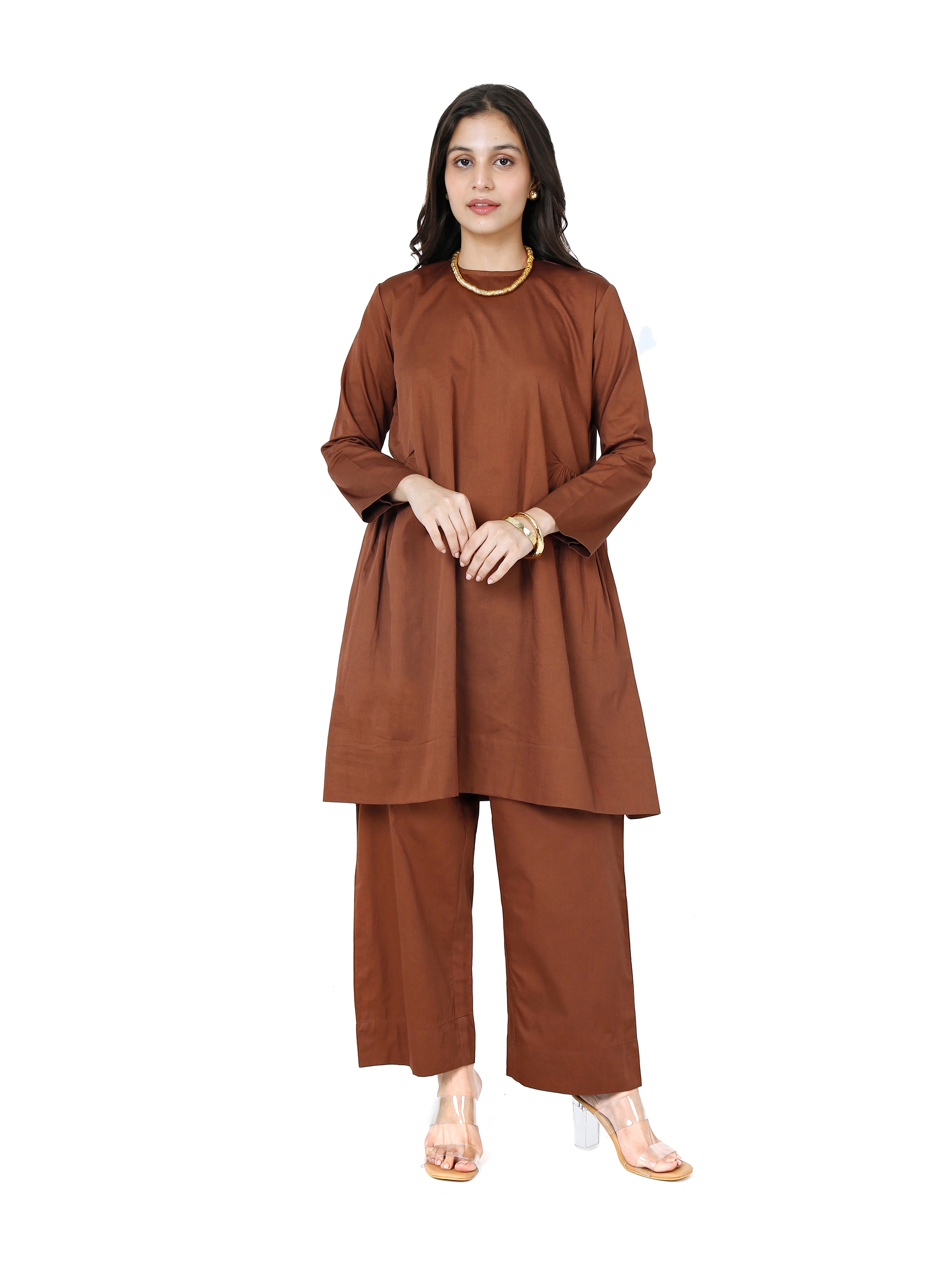 Earth Brown Satin Kurta Set for Modern Minimalism