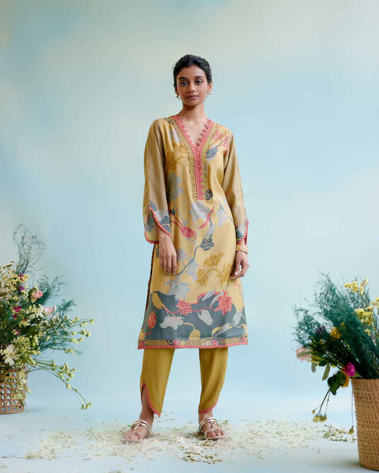 Rural Green Printer Kurta with delicate lace detailing with Tulip Pants and Dupatta