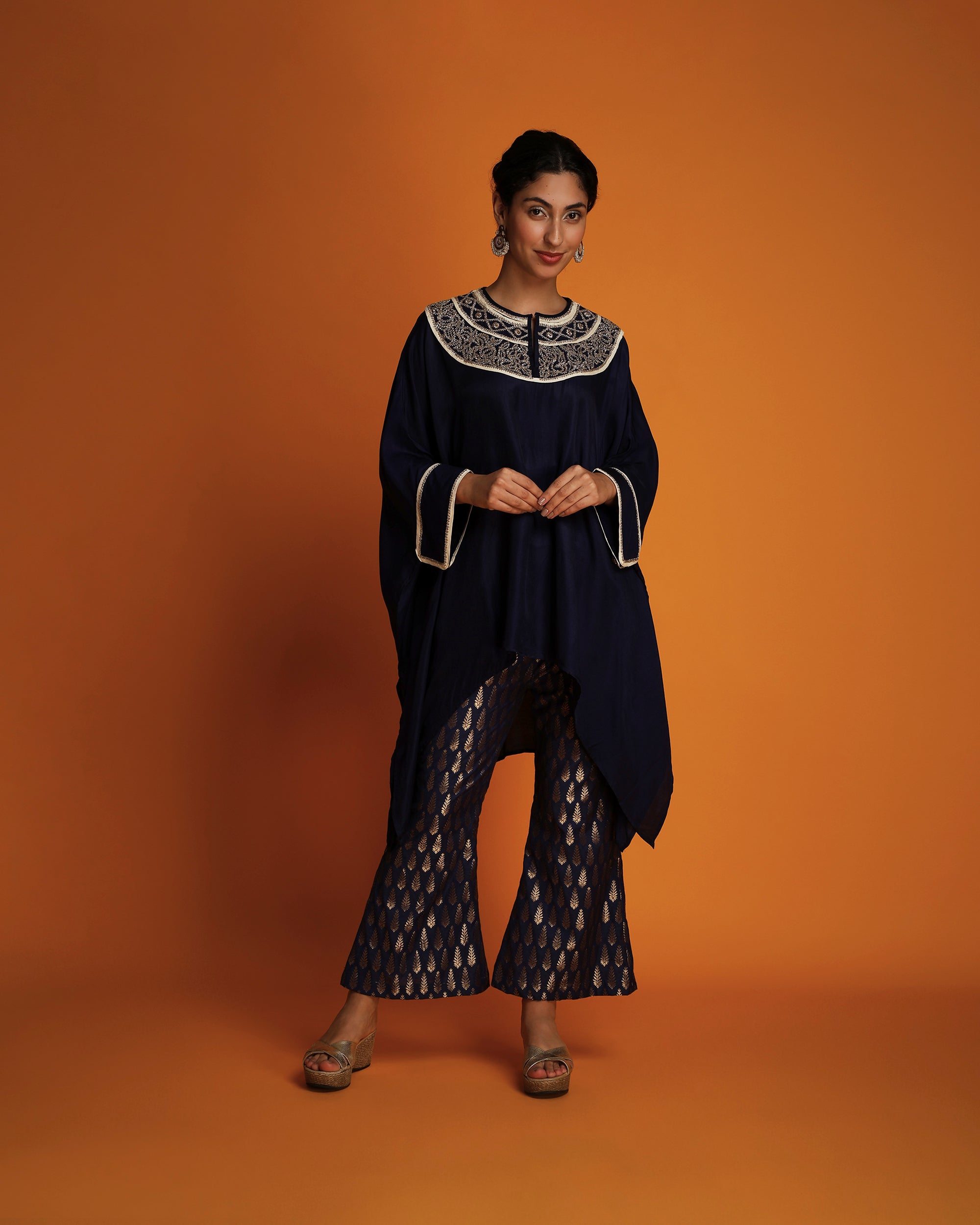 Indigo embroidered kaftan tunic