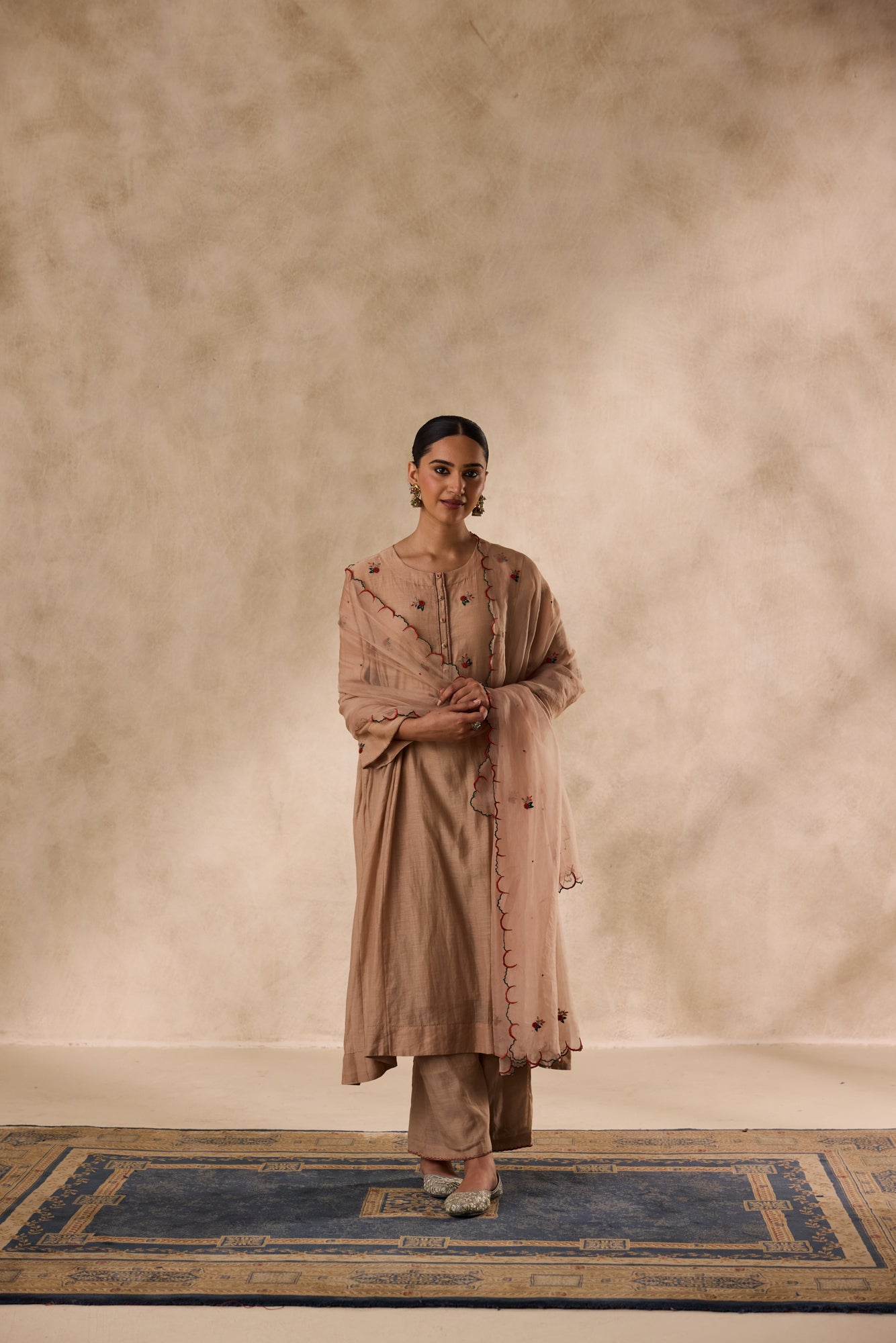 Champagne chanderi embroidered kurta paired with organic cotton slip, pant & organza dupatta
