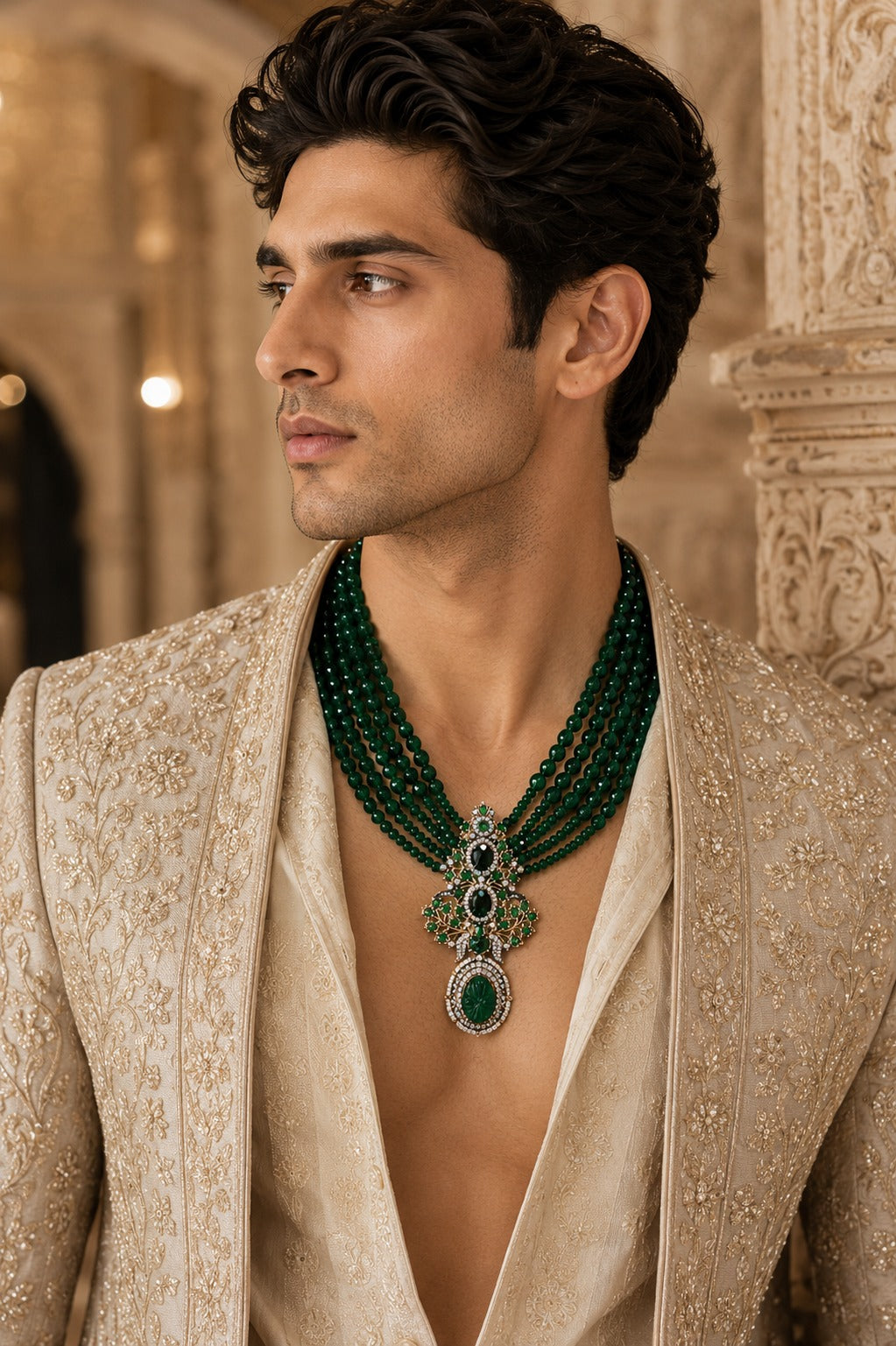 Multi-Layered Green Beaded Pendant Necklace
