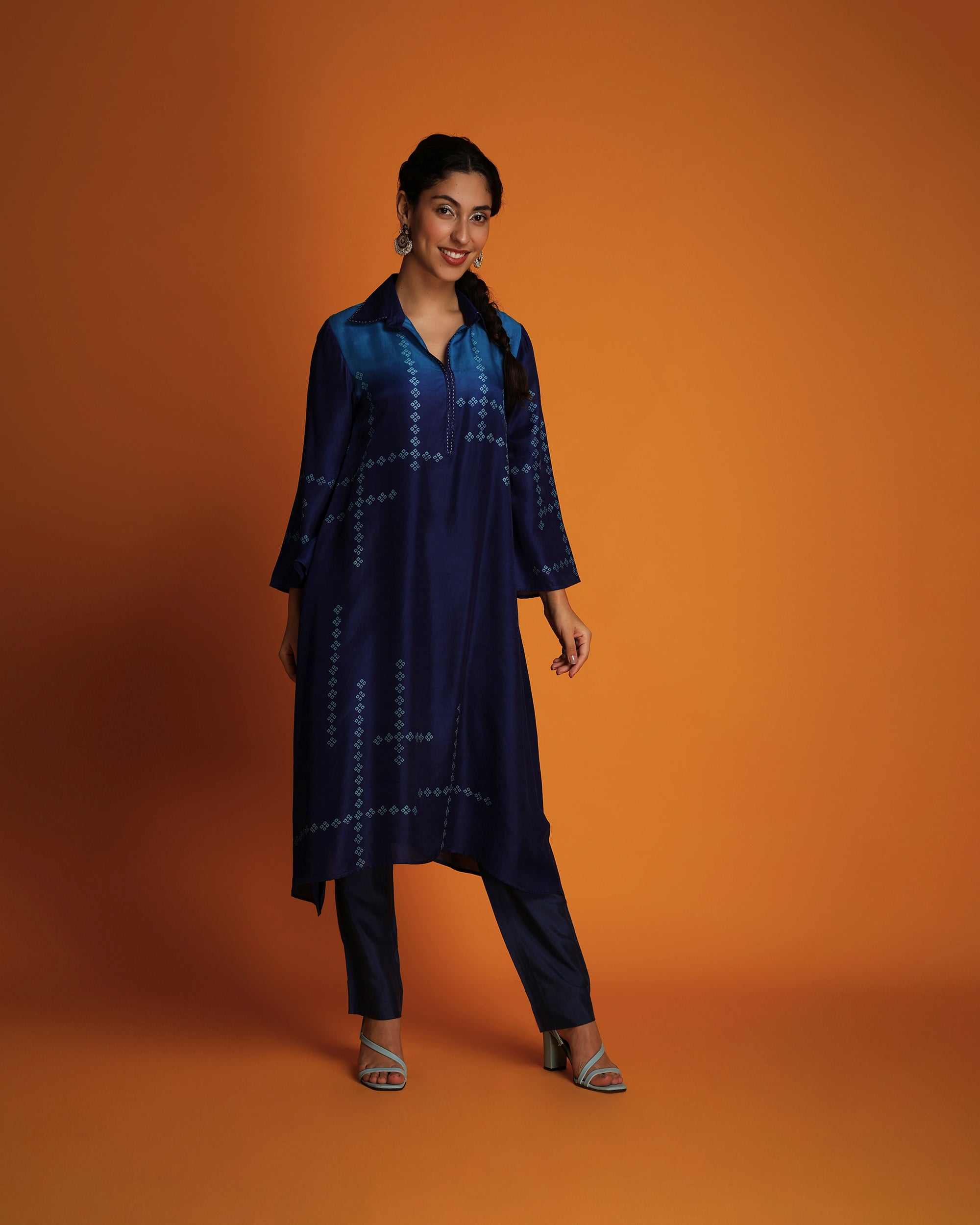 Indigo ombre block printed shirt tunic set