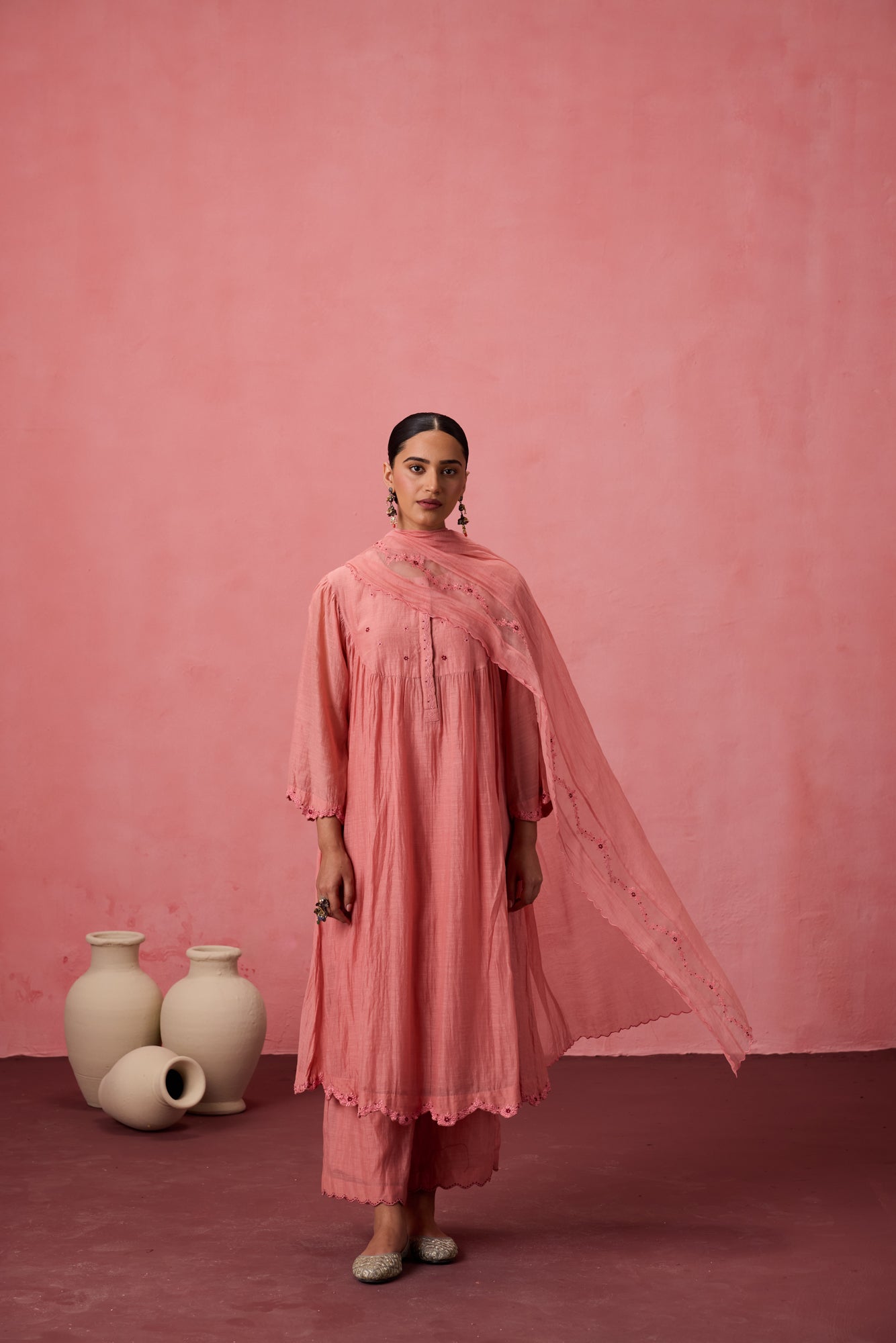 Peach chanderi resham embroidered kurta paired with organic cotton slip, pant & Chanderi dupatta