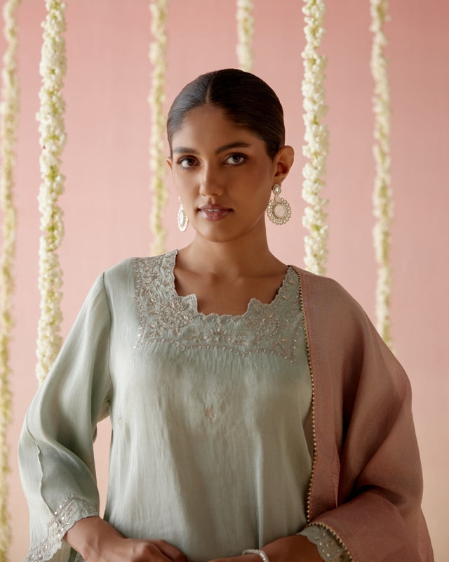 Mint Daisy Tissue Kurta with
Narrow Pants & Dupatta - Set of 3