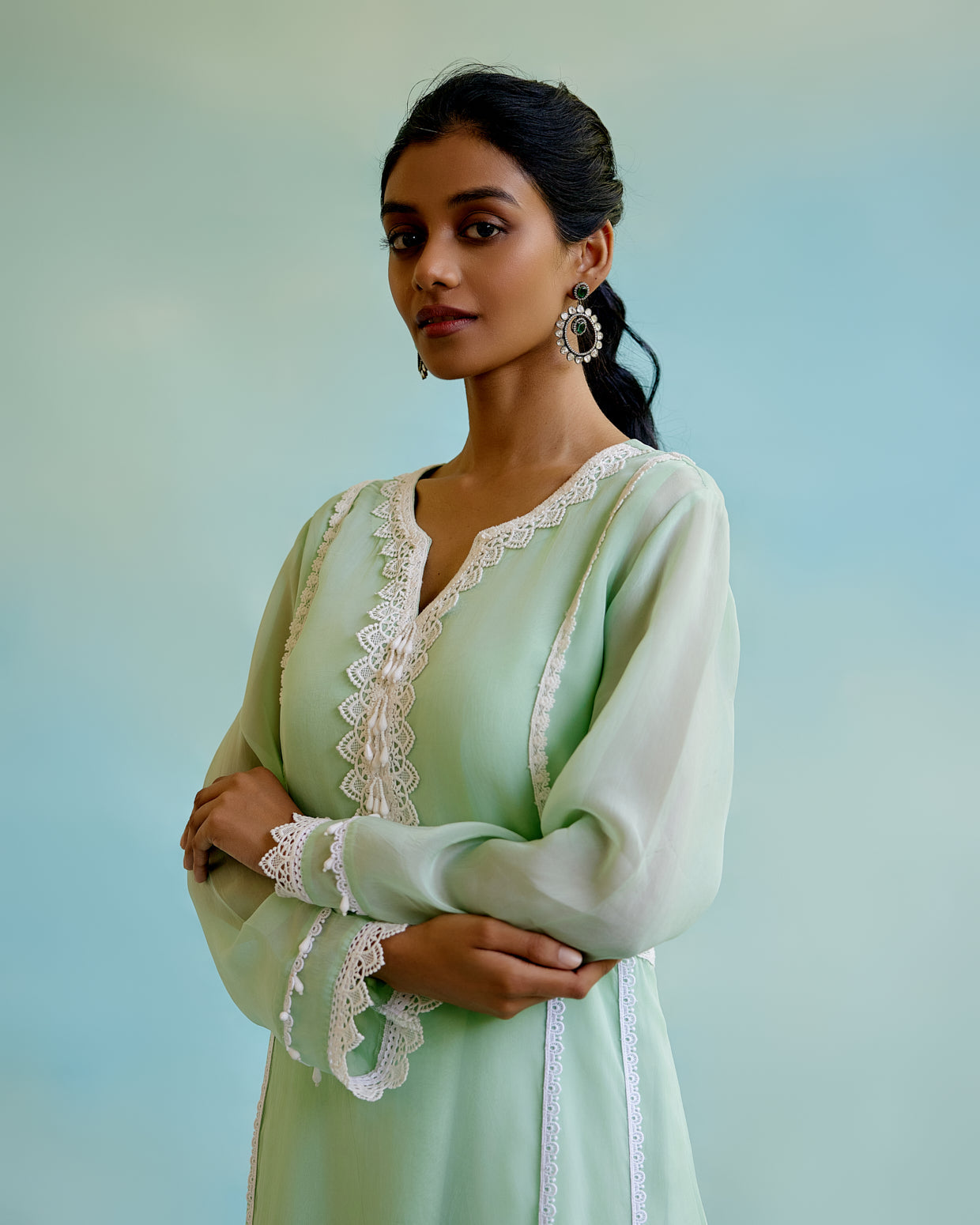 Mint Frost Organza Anarkali Kurta with Lace Detailing
