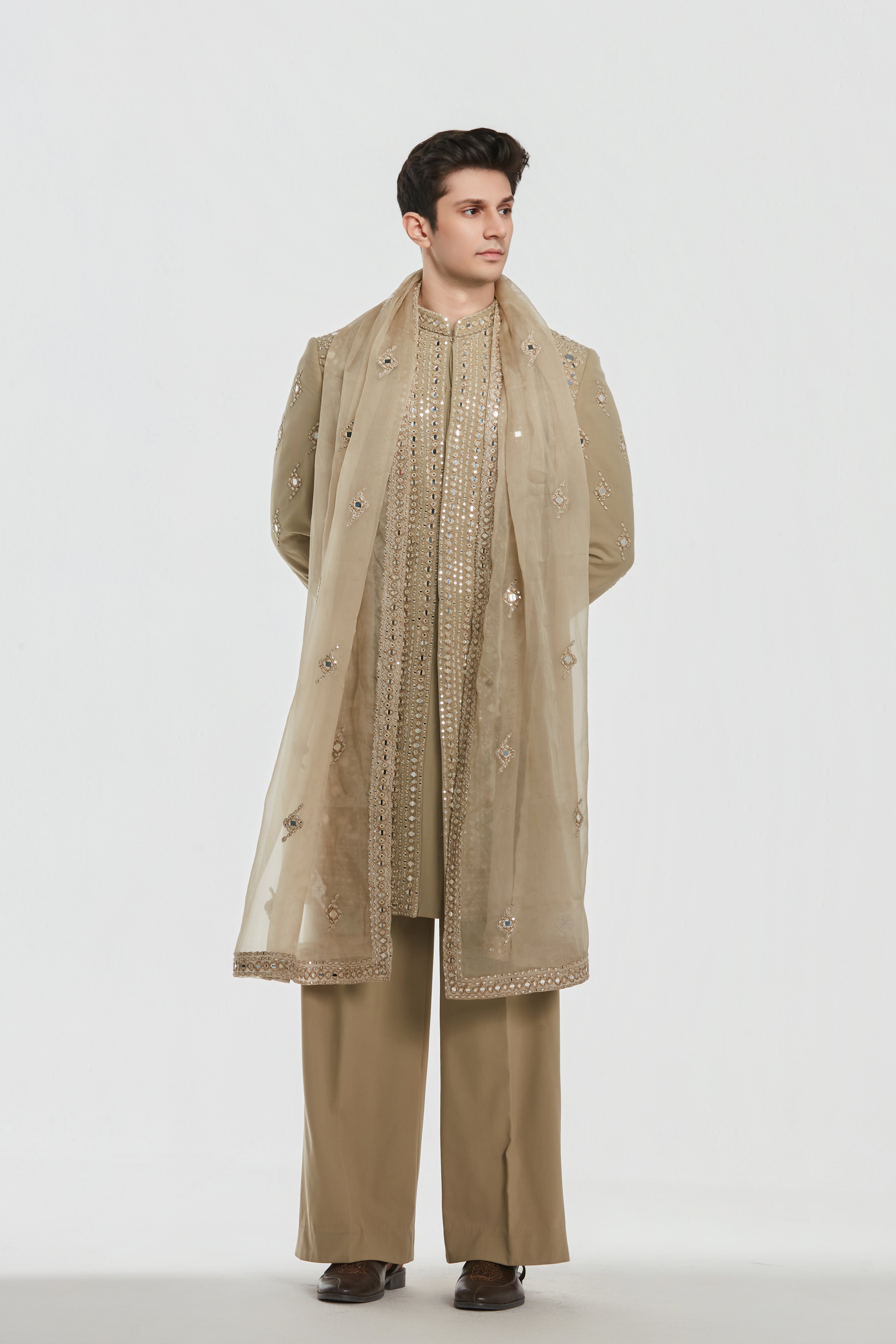 Sherwani and pant -Neo tech and Kurta and stole -Heavy chanderi