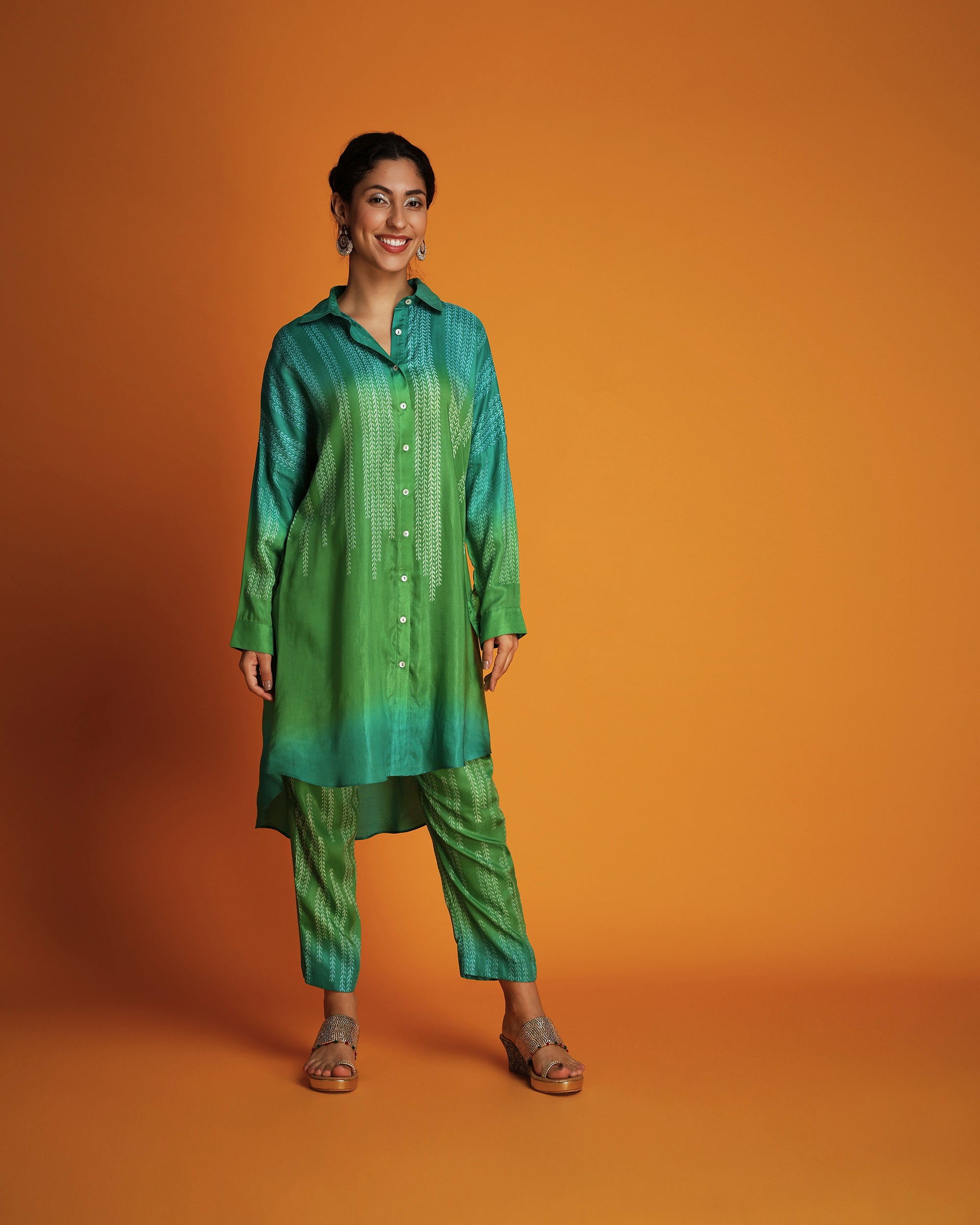Green ombre block printed shirt tunic set
